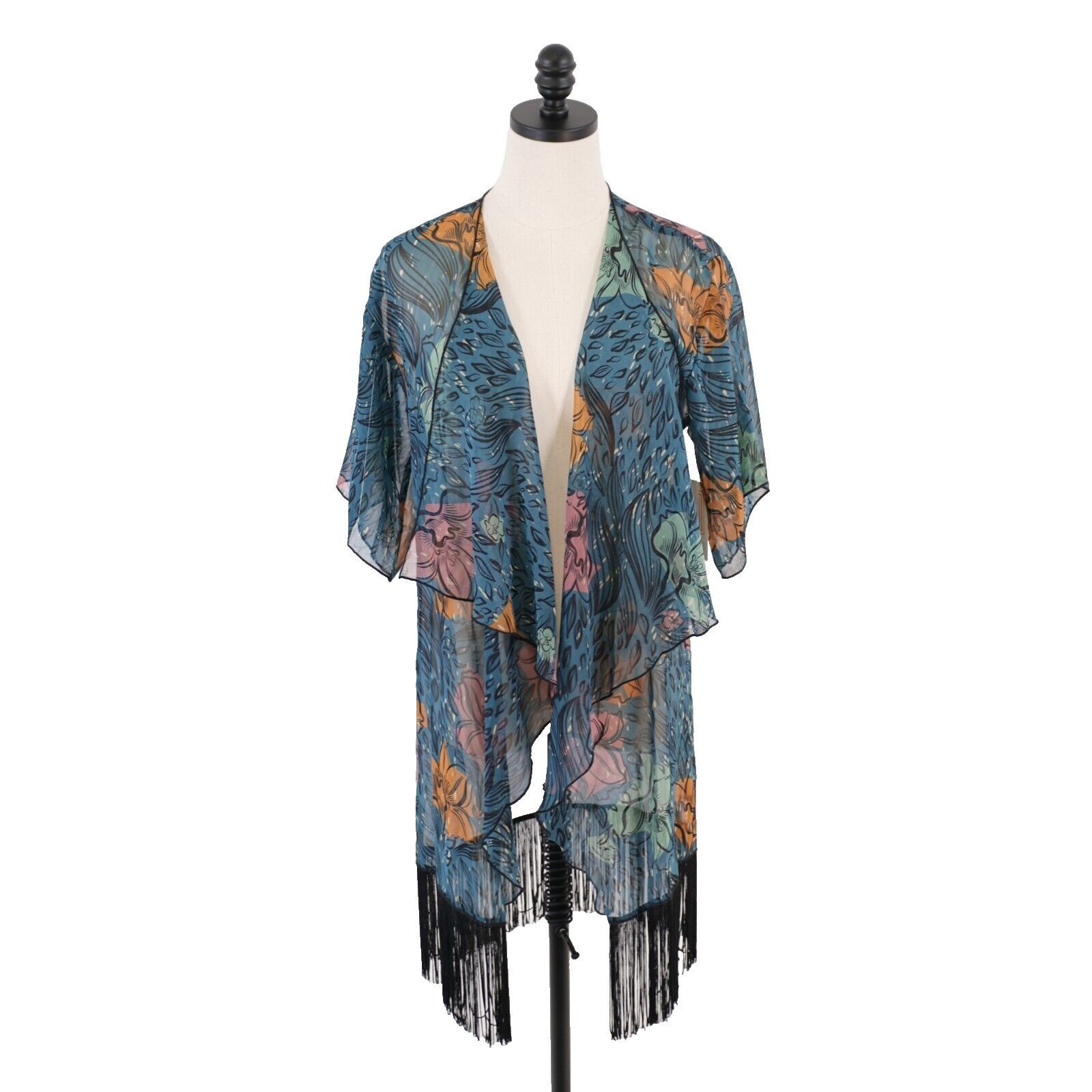 Designer NEW LuLaRoe Monroe Small Green Sheer Floral Kimono W/ Tassel Size S / US 4 / IT 40 - 1 Thumbnail
