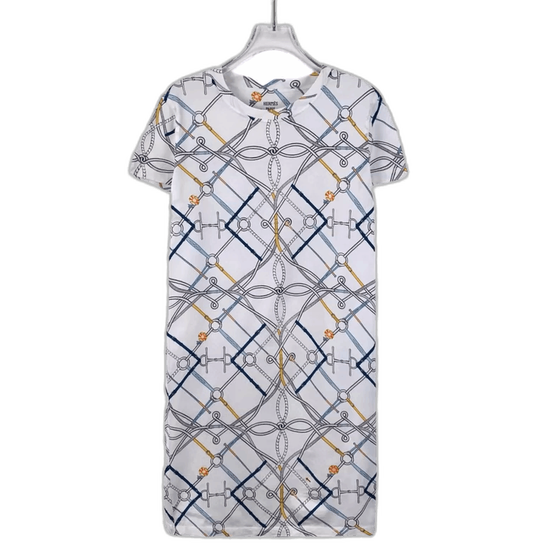 Hermes White Chain Print Cotton Short Sleeve Dress-2506 Size XS / US 0-2 / IT 36-38 - 1 Thumbnail
