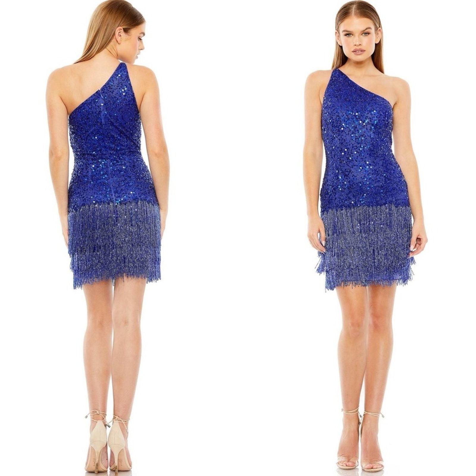 NEW MAC DUGGAL Blue Sequin Fringe Shoulder $698 Mini Dress