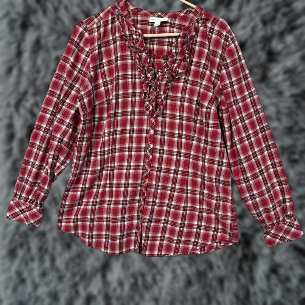 Vintage VINTAGE Fashion Bug Blouse Womens L Red Plaid Ruffle V-Neck Boho Cabincore 90s Size L / US 10 / IT 46 - 1 Thumbnail