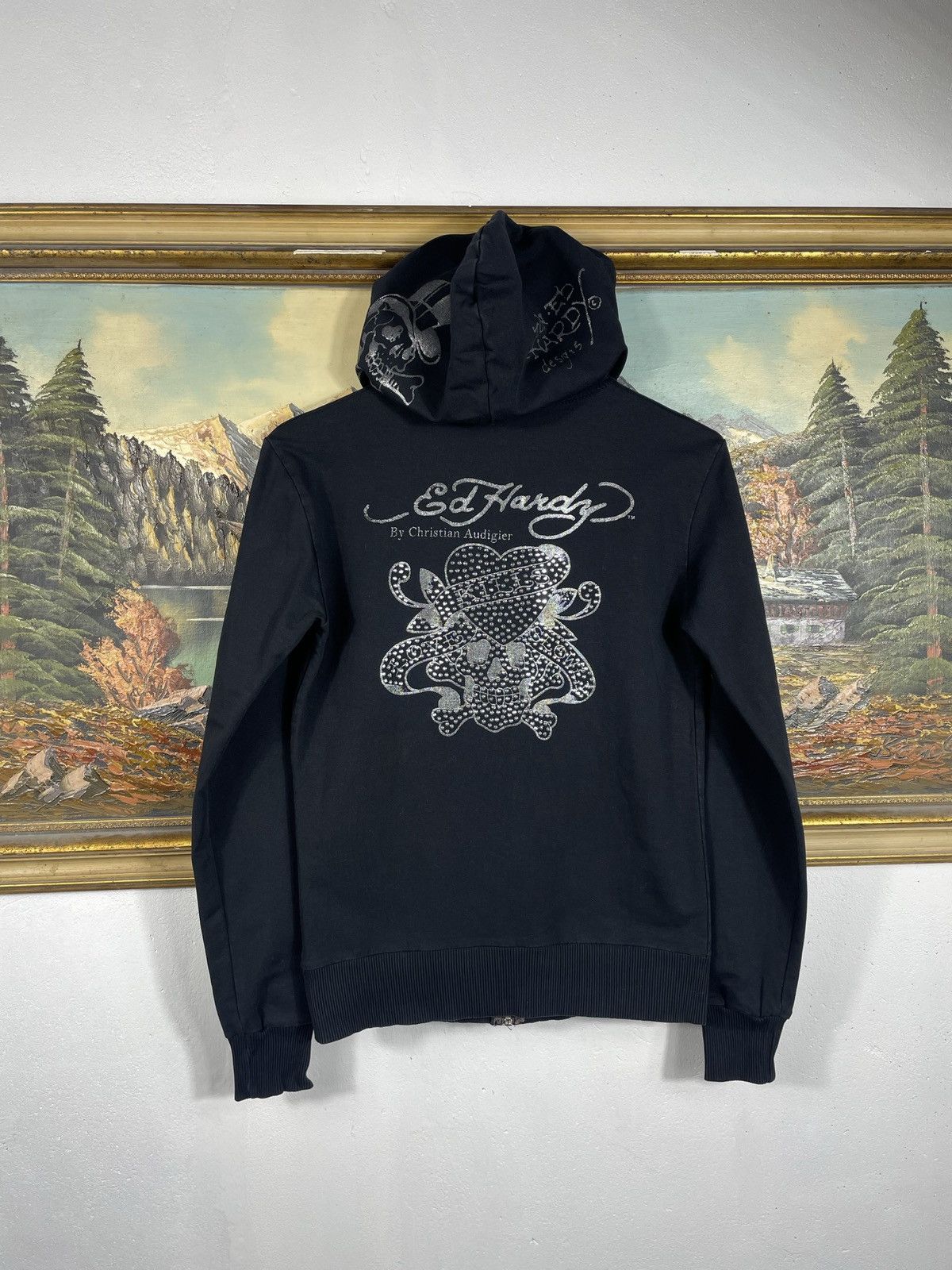 Christian Audigier × Ed Hardy × Vintage Ed Hardy Retro 00s Hoodie With Crystals Affliction Grunge Size US XXS / EU 40 - 1 Thumbnail