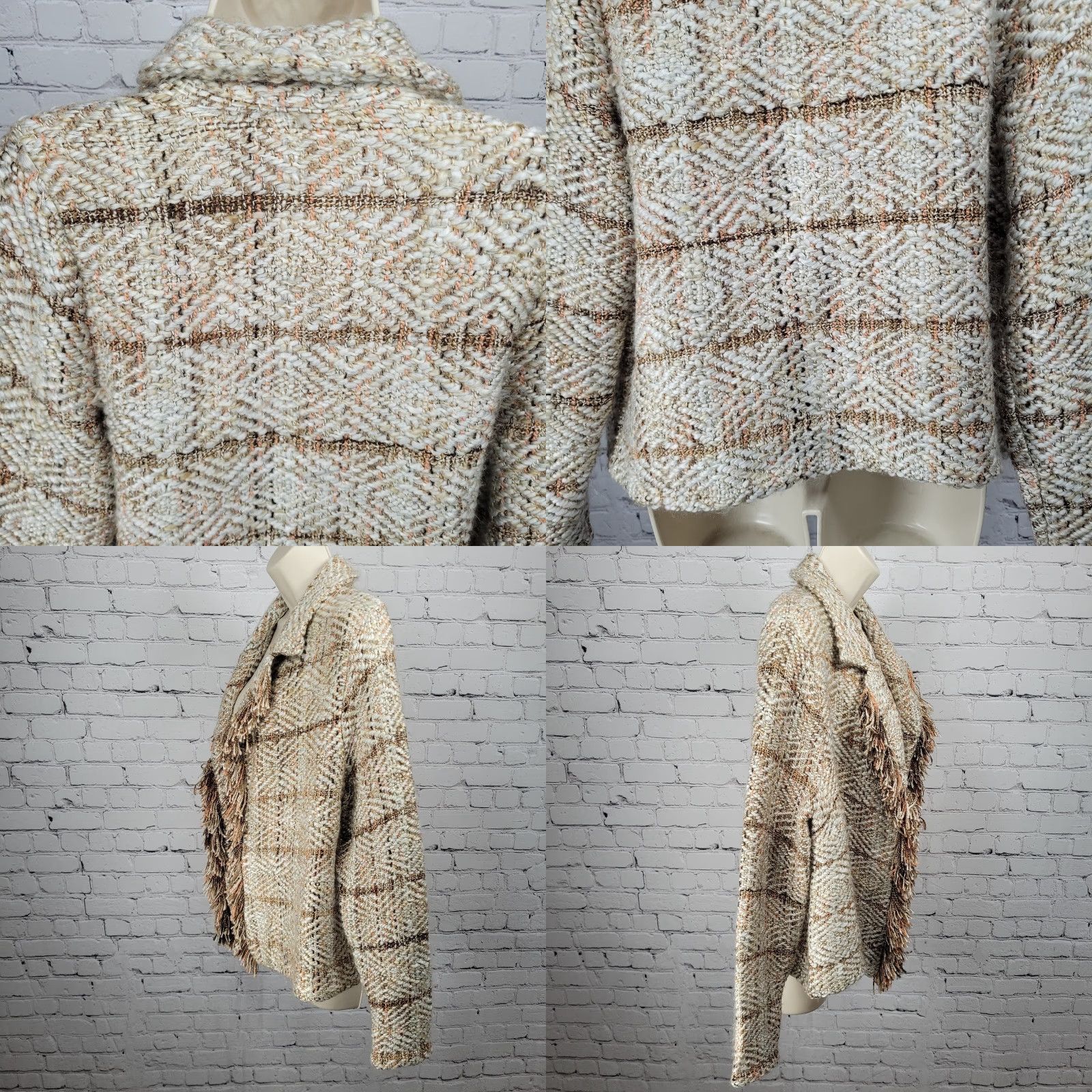 Vintage Chico's Jacket Women Short Open Collared Fringe Bohemian Unlined Beige Brown Wool Alpaca Blend 1 US 8 Regular Size Size XS / US 0-2 / IT 36-38 - 8 Thumbnail