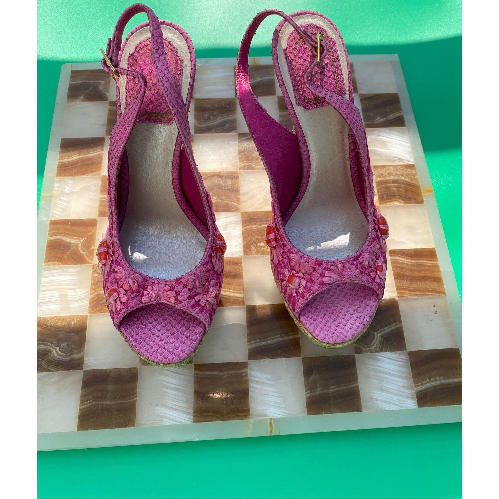 Dior Vintage Dior Pink Python And Raffia Embellished Platforms Size US 7 / IT 37 - 1 Thumbnail