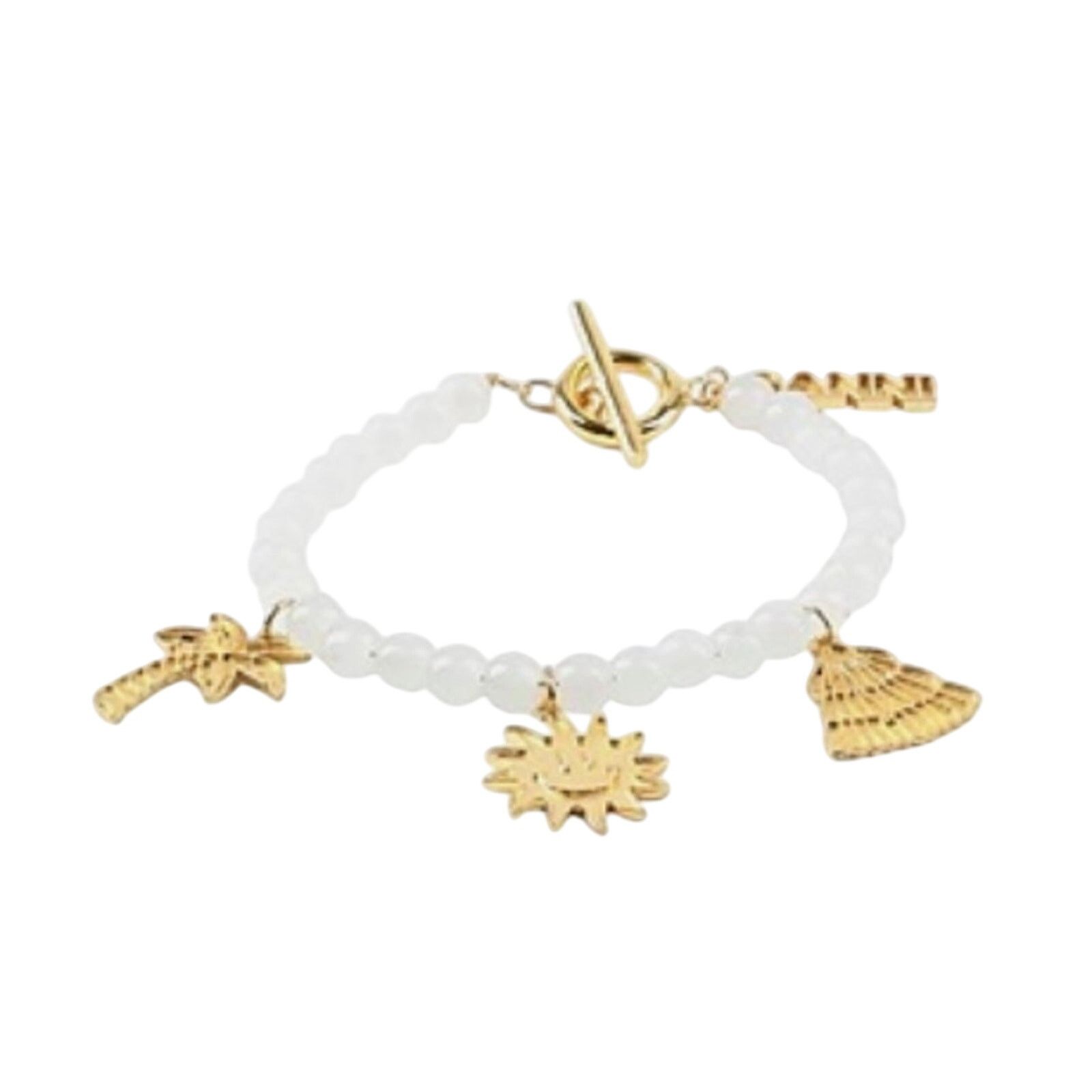 Ganni Ganni White beaded bracelet with gold charms Size ONE SIZE - 1 Thumbnail