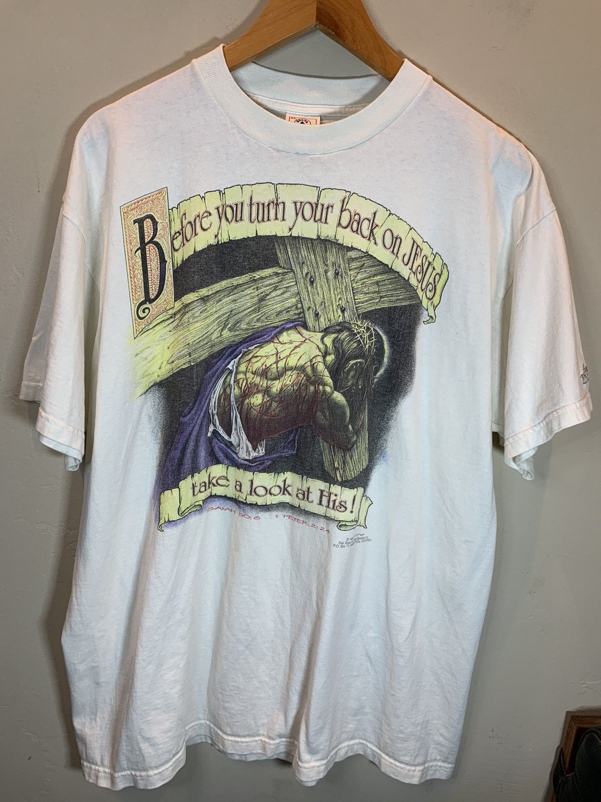 Vintage *RARE* Vintage 1993 Living Epistles Look At Jesus Back Shirt Size US XL / EU 56 / 4 - 1 Thumbnail