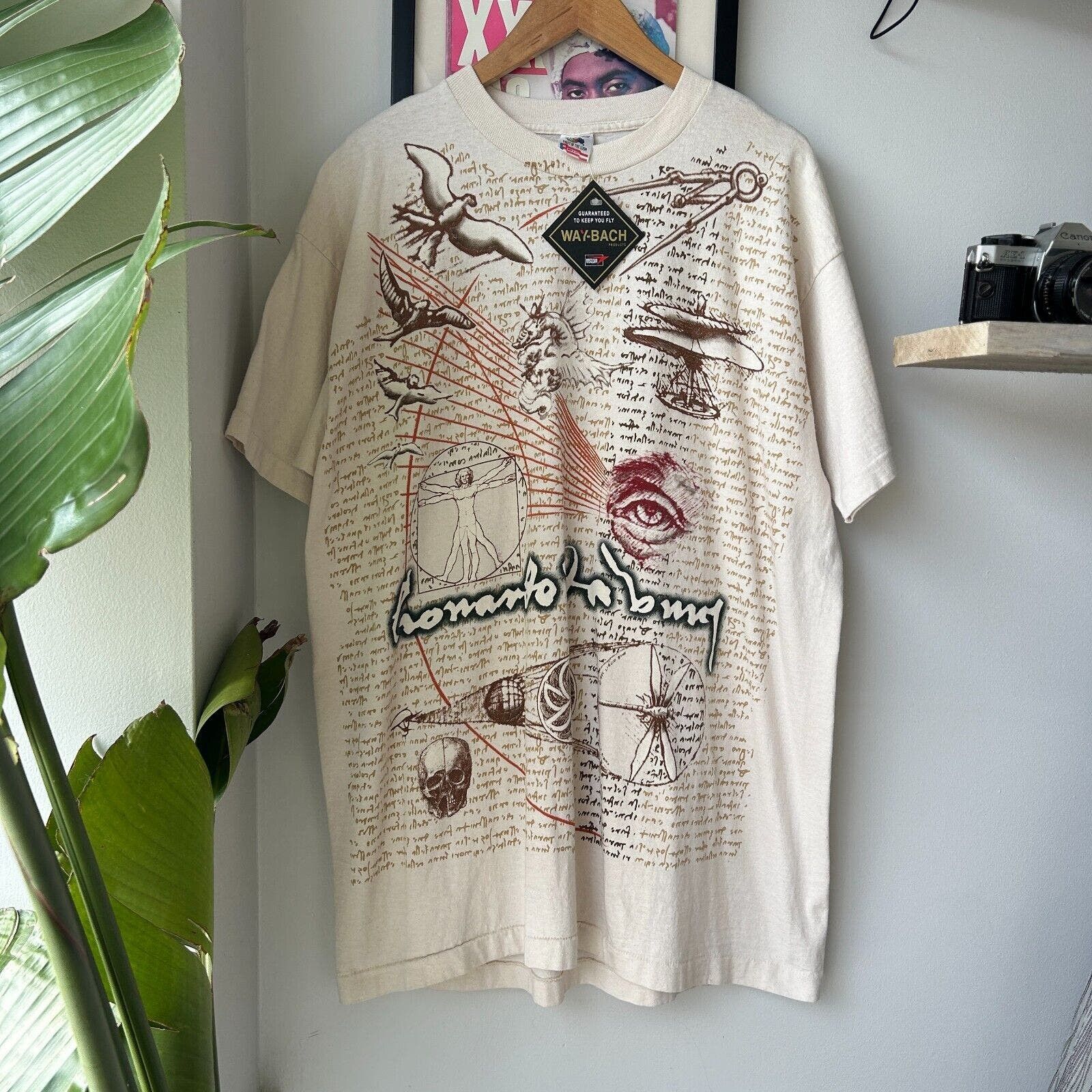 image of Fruit Of The Loom Vintage 90's | Leonardo Da Vinci All Over Print Art Tshirt XL in White, Men's