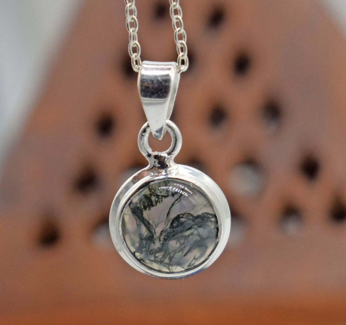 Handmade Moss Agate 925 Sterling Silver Necklace: Meditation Jewelry Size ONE SIZE - 2 Thumbnail
