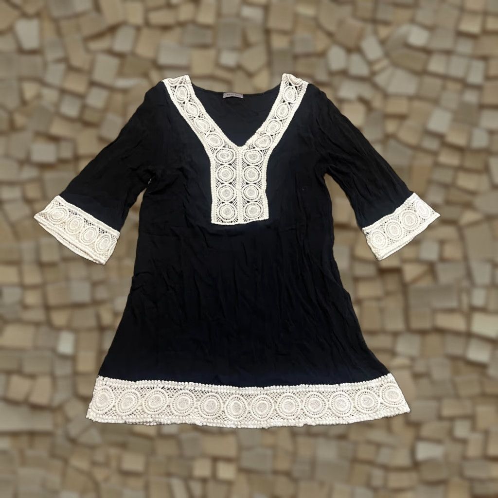 Vintage West Kei Dress Women's M Lace 3/4 Sleeve Knee Length Black White Casual Fit & Flare Dress Womens Size M / US 6-8 / IT 42-44 - 1 Thumbnail