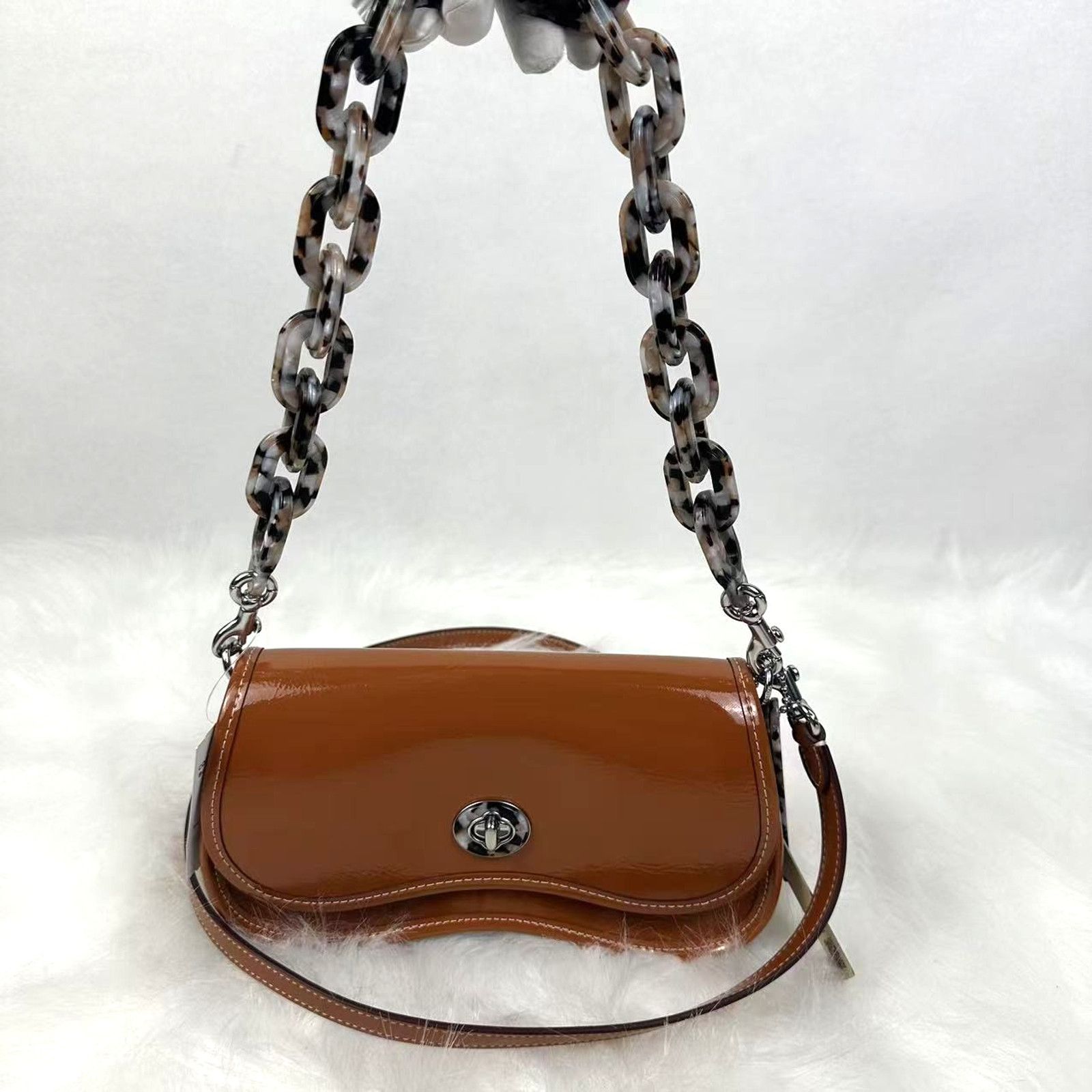 Coach COACH Mini Wavy Dinky Crinkle Patent Leather Crossbody Amber Size ONE SIZE - 1 Thumbnail