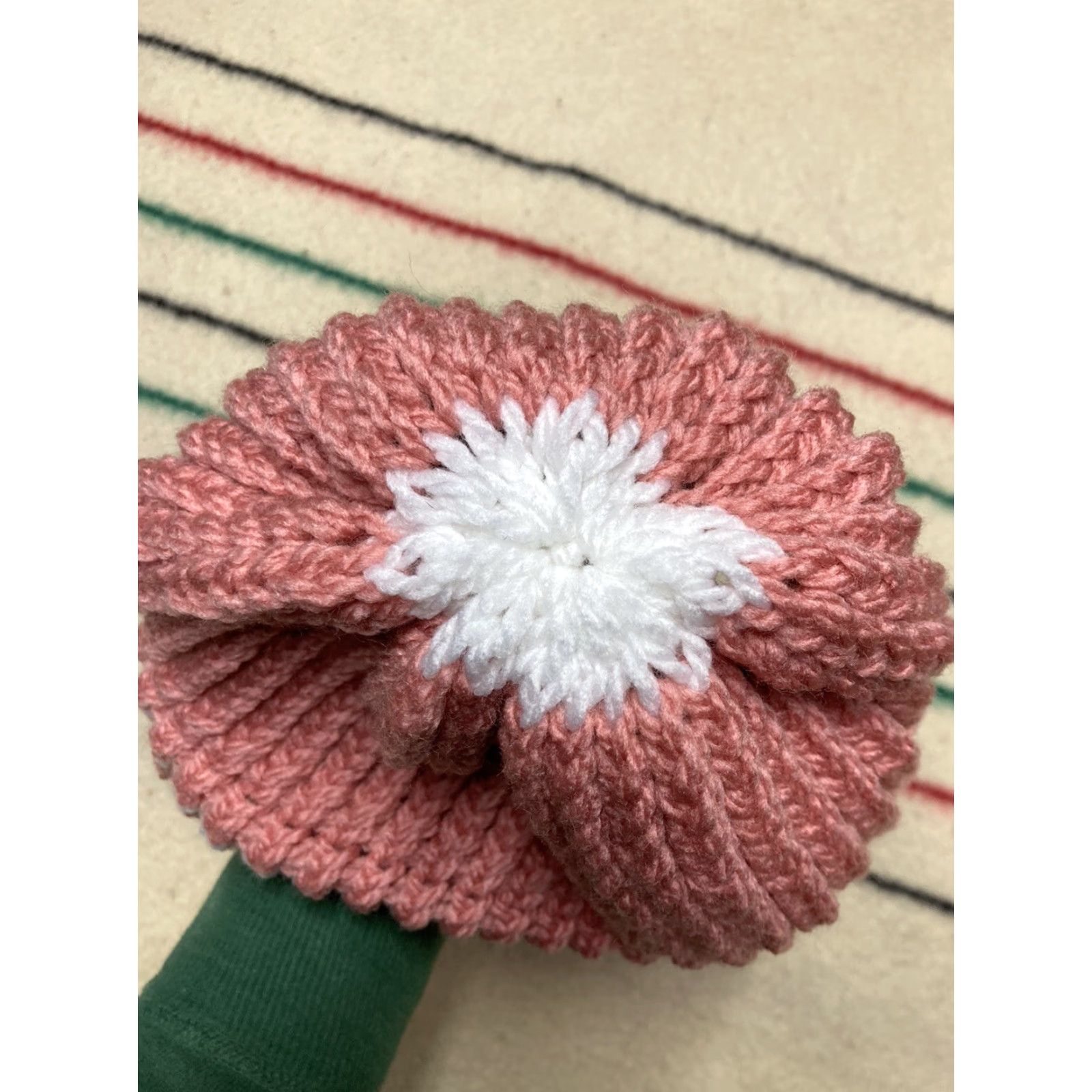 Pinko VINTAGE Crochet Knit Beanie Hand Made Pink White Stripe Snow Toboggan Soft Adult Beanie Women One Size Redo? Size ONE SIZE - 5 Thumbnail