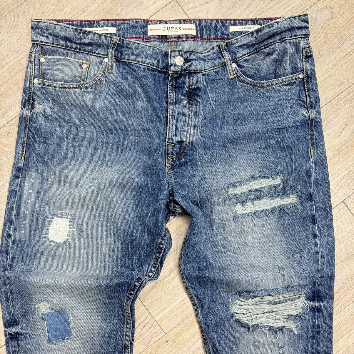 Designer Rare Guess Distressed Slim Italian Selvedge Denim Jeans Size US 38 / EU 54 - 4 Thumbnail