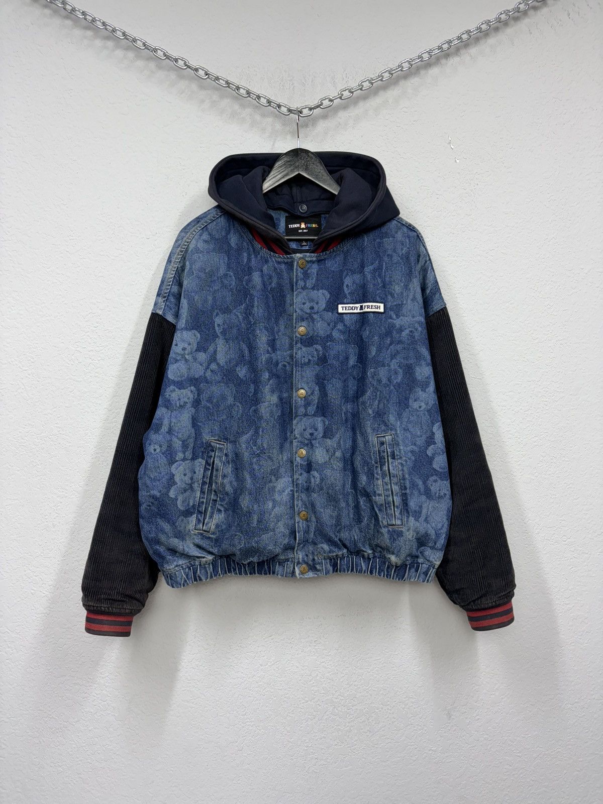Teddy Fresh Teddy Fresh Denim Varsity Jacket Hybrid All-Over Bear Print Size US L / EU 52-54 / 3 - 13 Thumbnail