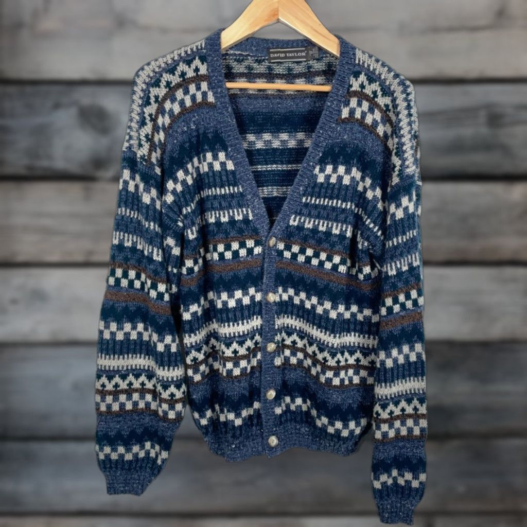 Vintage VINTAGE David Taylor Cardigan Sweater Men’s Medium Blue Geometric Knit 90s Vintage Casual Mens Size US M / EU 48-50 / 2 - 1 Thumbnail