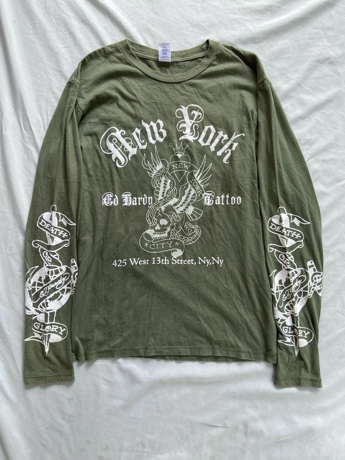 image of Christian Audigier x Ed Hardy New York Tattoo Longsleeve in Green, Men's (Size Large)
