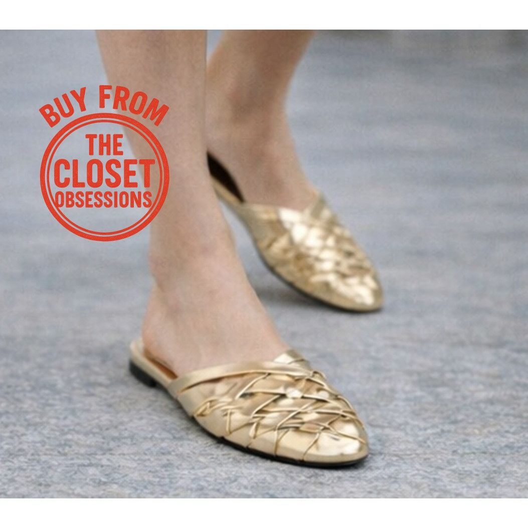 Zara ZARA Gold Woven Metallic Flat Mules NWT Size US 7.5 / IT 37.5 - 3 Thumbnail