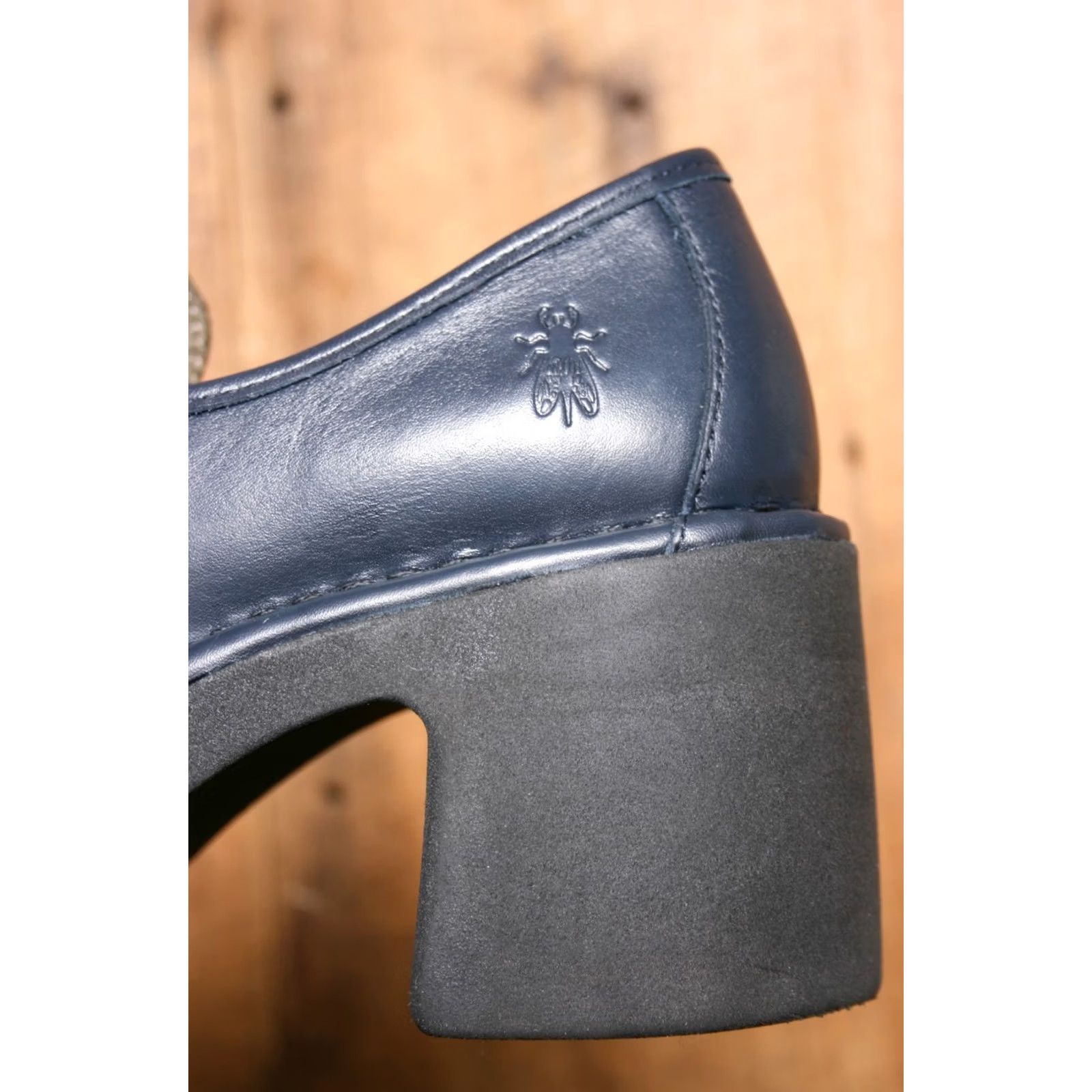 Fly London VINTAGE FLY London Muly Navy/Black Leather 3" Heel Penny Loafer EUR 36 Womens Shoes Size US 5.5 / IT 35.5 - 7 Thumbnail