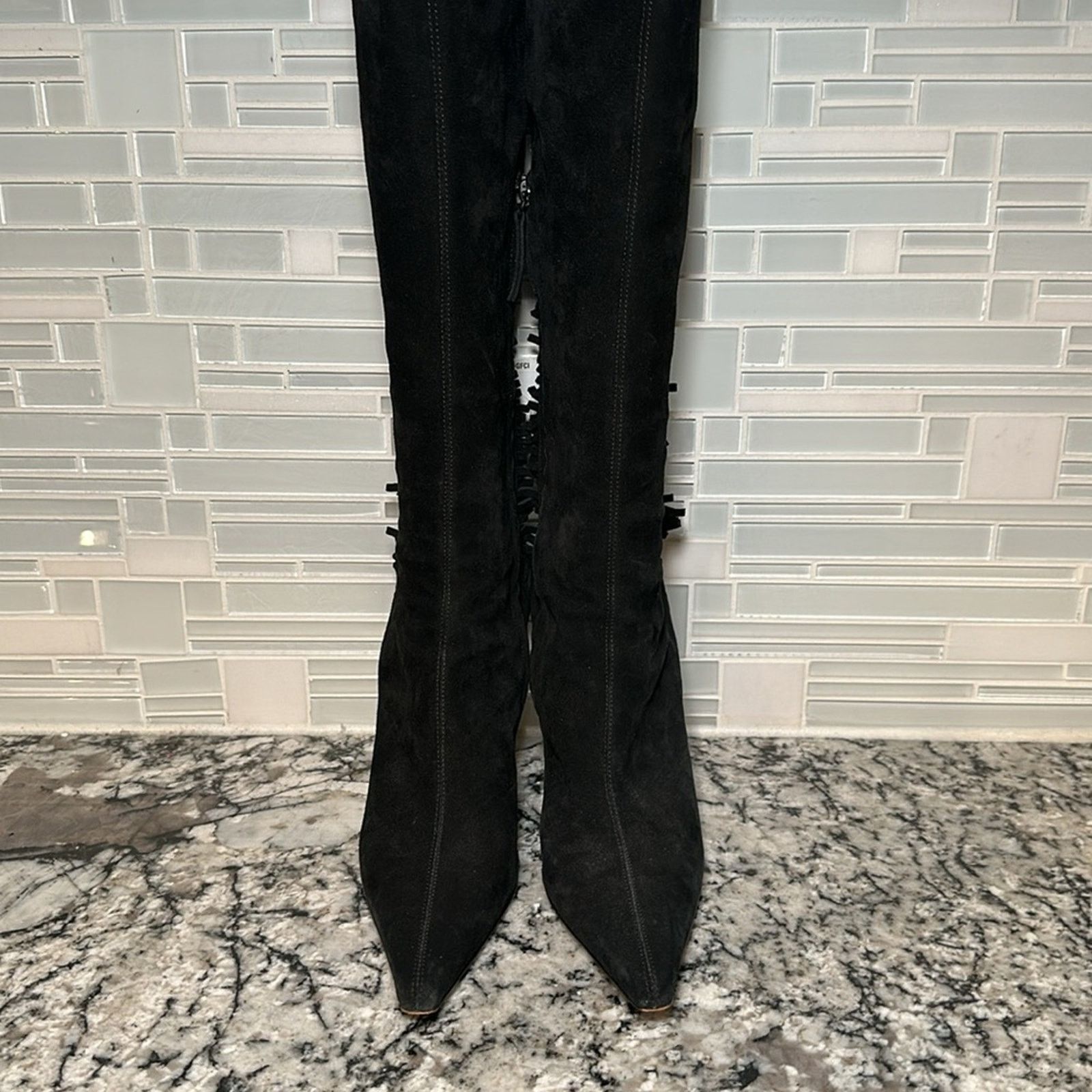 St. John Suede Fringe Knee High Heeled Boots - 7B