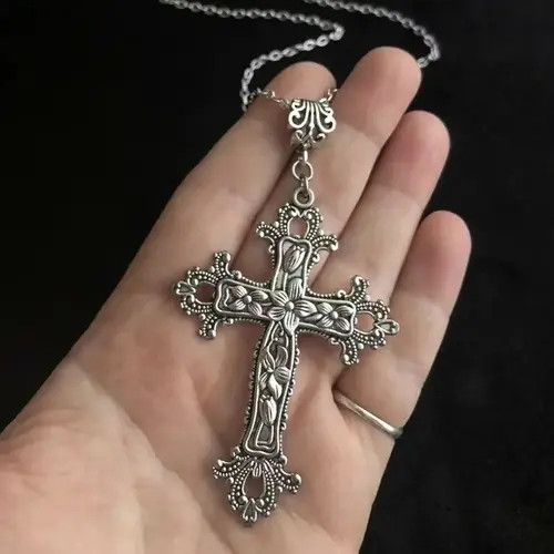 Jewelry Silver Cross Goth Chrome God Pendant Necklace Jesus Chain Size ONE SIZE - 3 Thumbnail