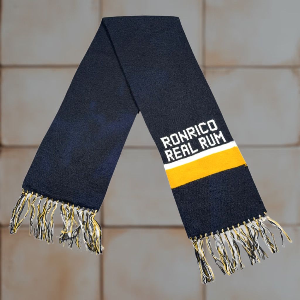 Vintage VINTAGE Ronrico Rum Scarf Black Blue Yellow Orlon Acrylic Knit Swag USA 60s Size ONE SIZE - 1 Thumbnail
