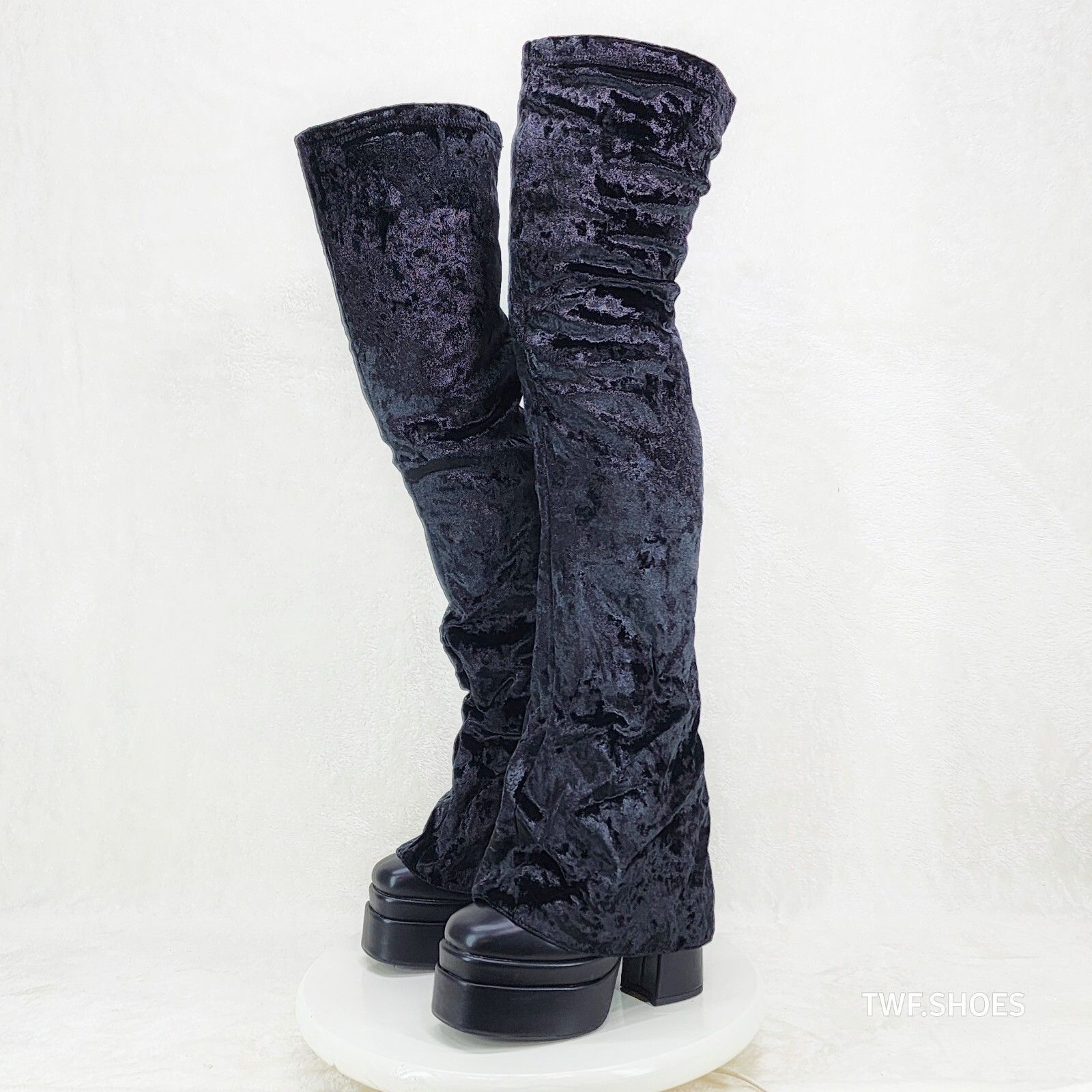 Other Unique Thigh High Black Velvet Fold over Skirted Chunky Heel Size US 11 / IT 41 - 2 Thumbnail