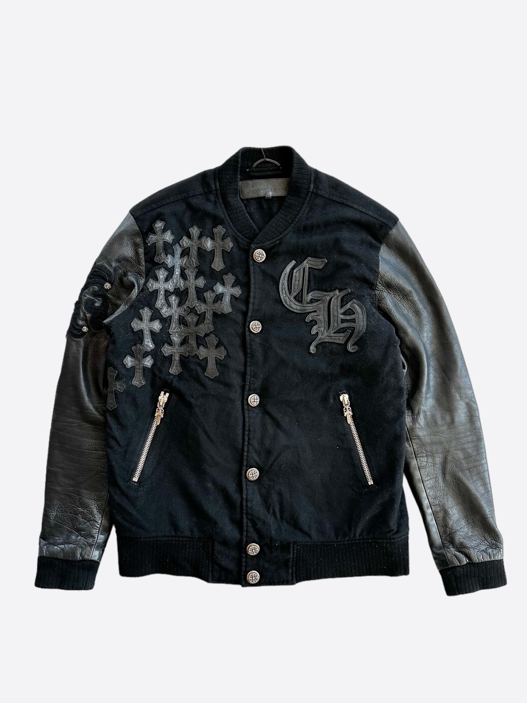 Pre-owned Chrome Hearts Black Leather Cross Patch Bomber Jacket