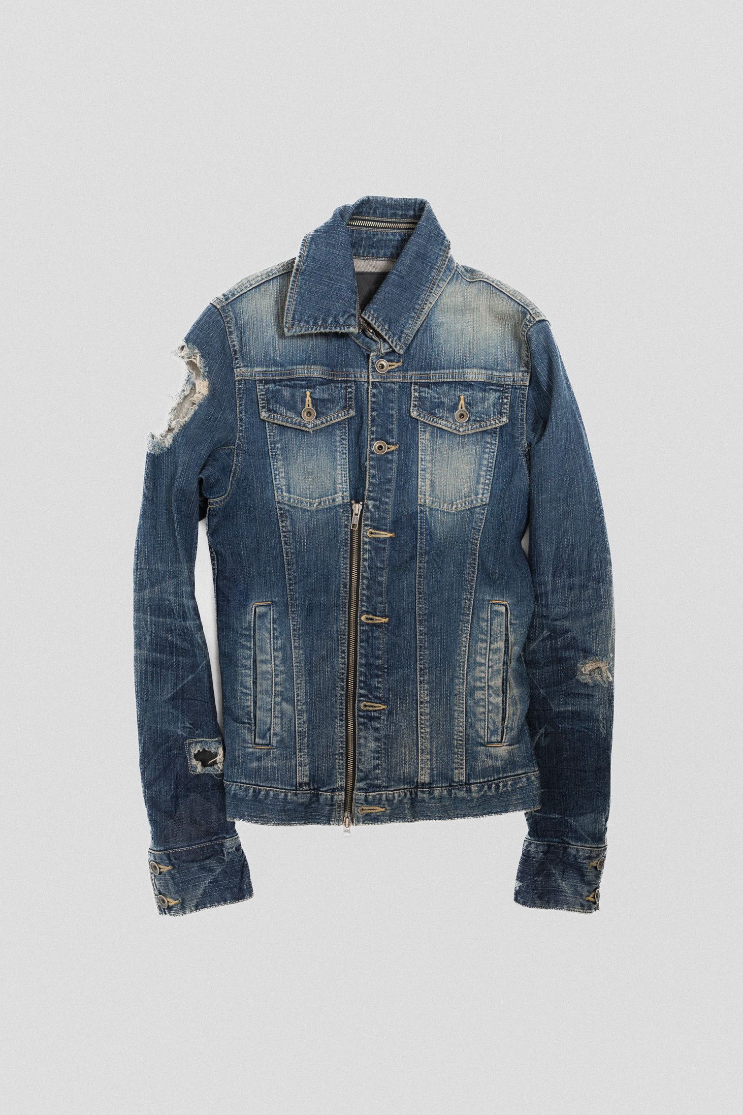 image of Le Grande Bleu L G B Trashed Denim Jacket With Leather Patches in Denim Blue, Men's (Size Small)