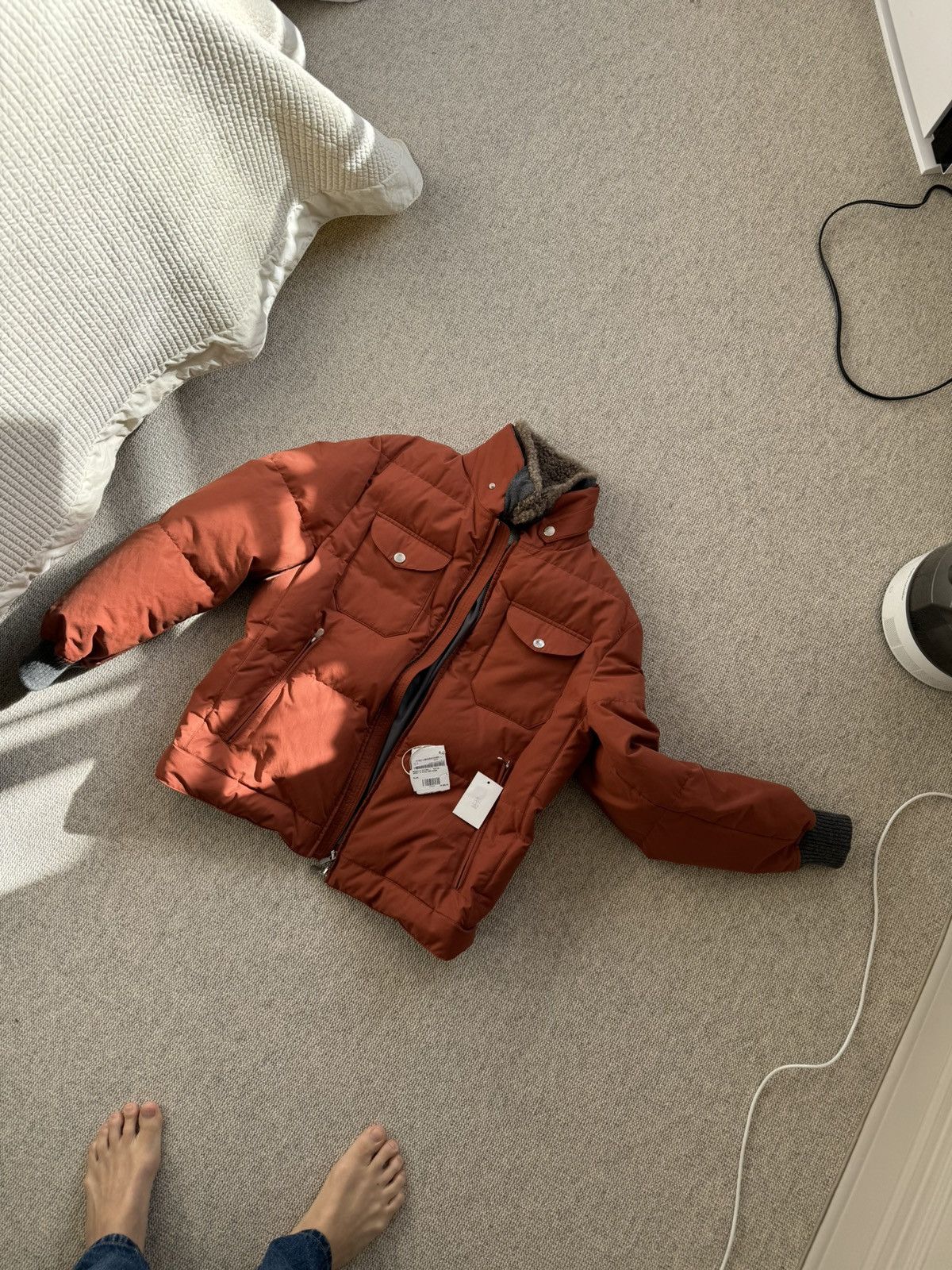 image of Brunello Cucinelli Rust And Gray Winter Parka With Brown Shearling Lined Collar, Men's (Size Large)