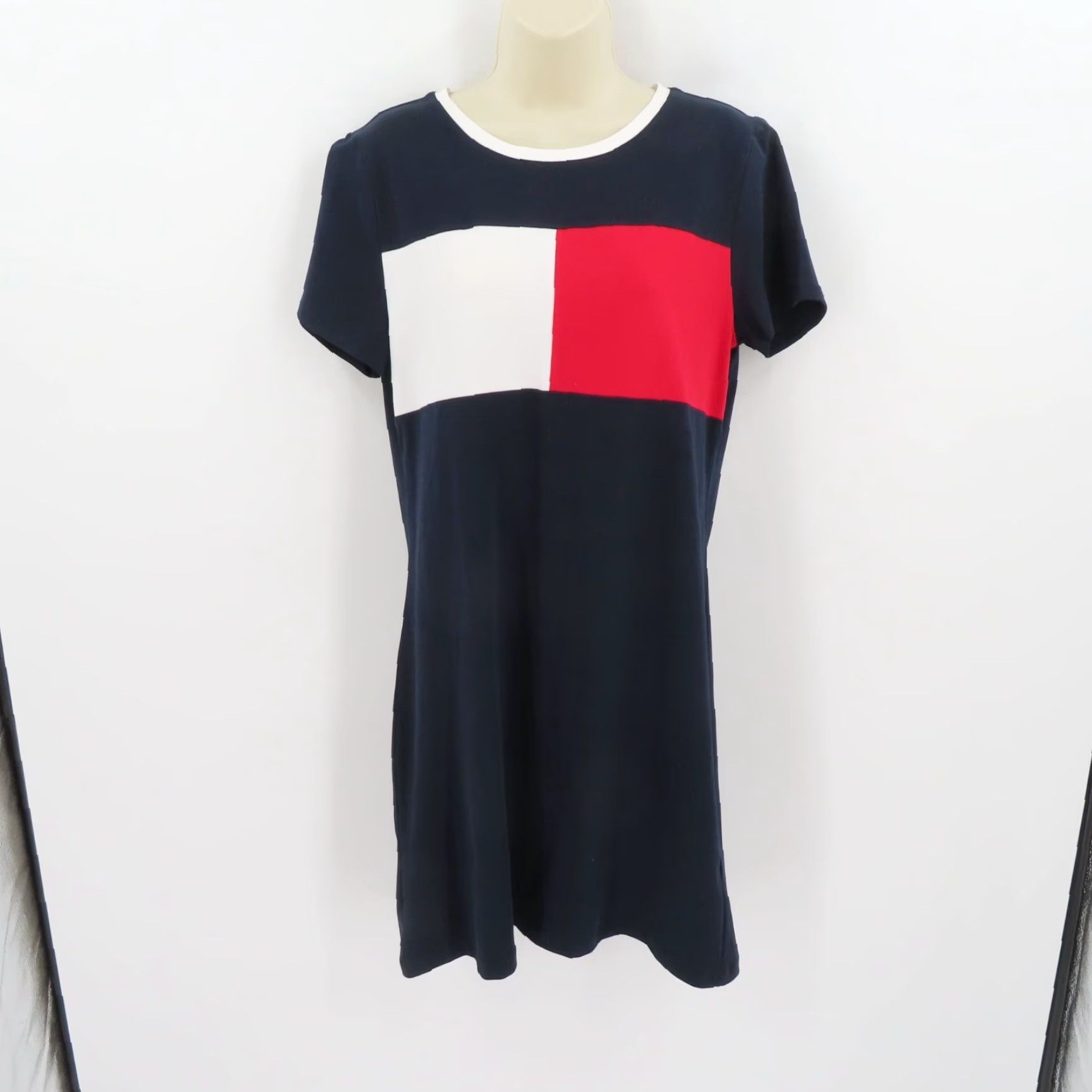 Tommy Hilfiger Tommy Hilfiger Dress Women Medium Short Sleeve Cotton Blend Solid Knee Length Blue White Red Shirt Dress T-Shirt Dress Vintage? No Size 32" / US 10 / IT 46 - 7 Thumbnail