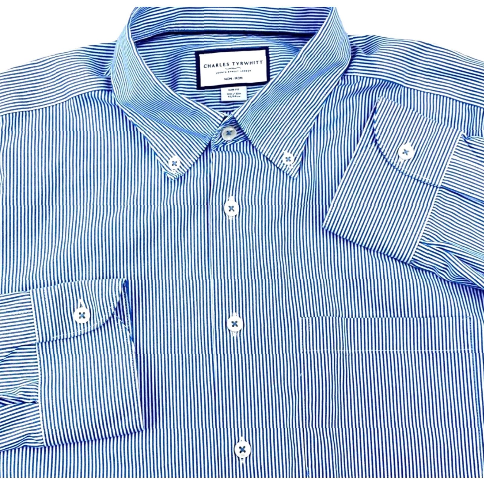 Charles Tyrwhitt Charles Tyrwhitt Shirt Men 16.5 33 Slim Button-Up Striped Poplin Blue Cotton Knit? (Correction) Size 46R - 2 Thumbnail