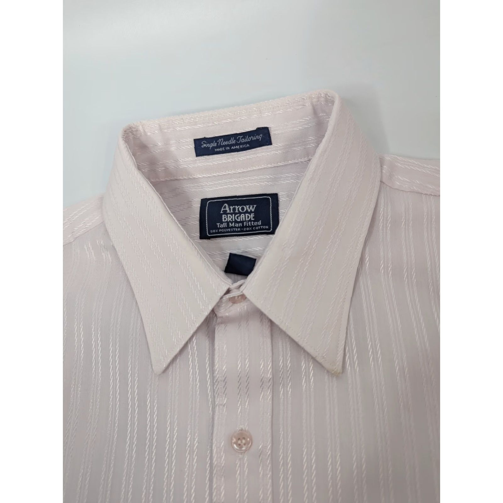 Arrow Arrow Brigade Mens Dress Shirt Striped Slim 17 Tall Short Sleeve Button-Down Collared USA Made Light Rose Pink Adult Men Shirt Negocios Size 46R - 6 Thumbnail