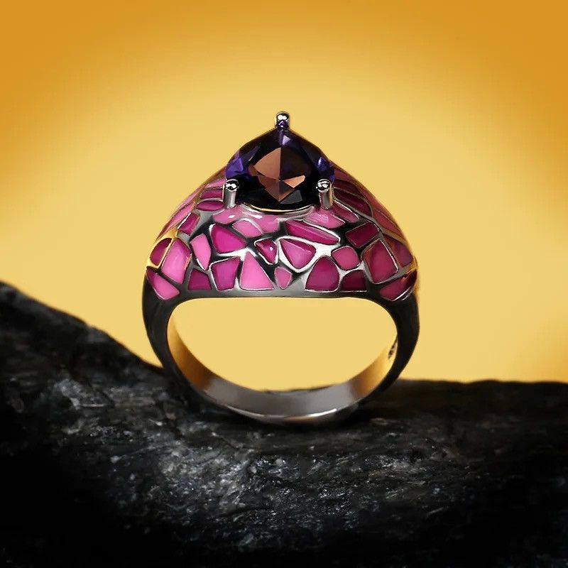 Jewelry Creative Enamel Dark Blue Big Zircon Ring Epoxy Irregular Size ONE SIZE - 5 Thumbnail