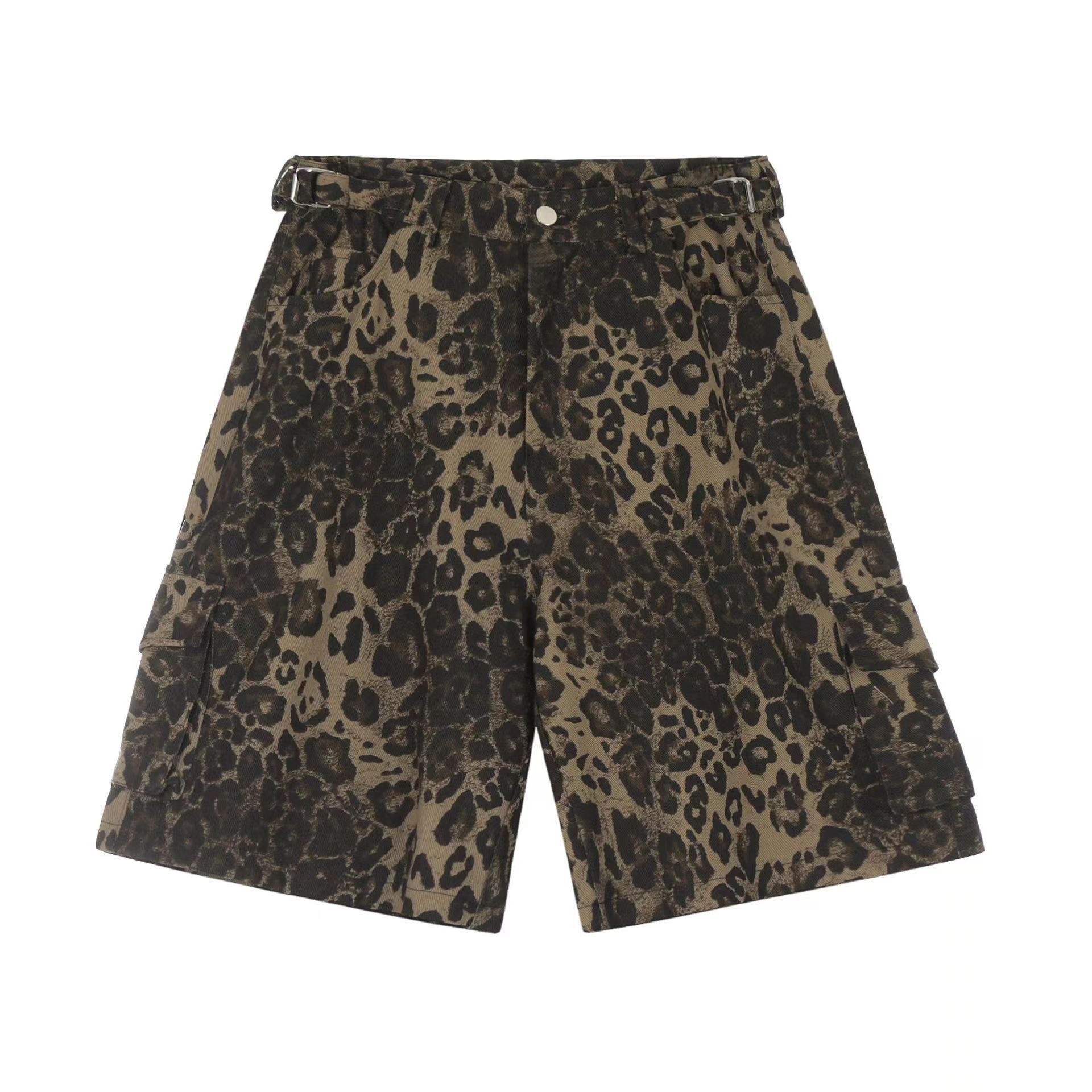 Punk distressed leopard print baggy cargo shorts