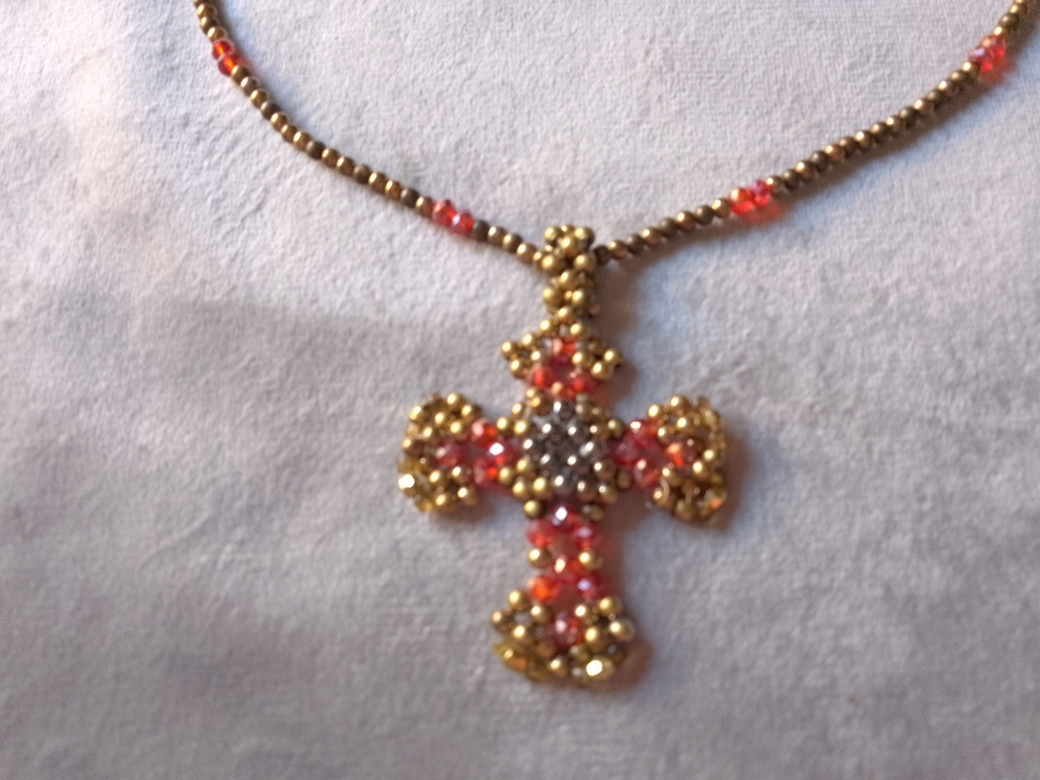 Handmade Necklace Vintage Brass Red Crystal Beaded Cross Pendant Size ONE SIZE - 6 Thumbnail