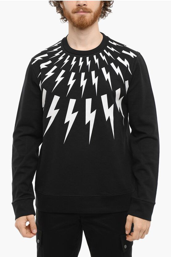 image of Neil Barrett Contrasting Printed Fair-Isle Thunderbolt Crew-Neck Sweatshi in Black, Men's (Size 2XL