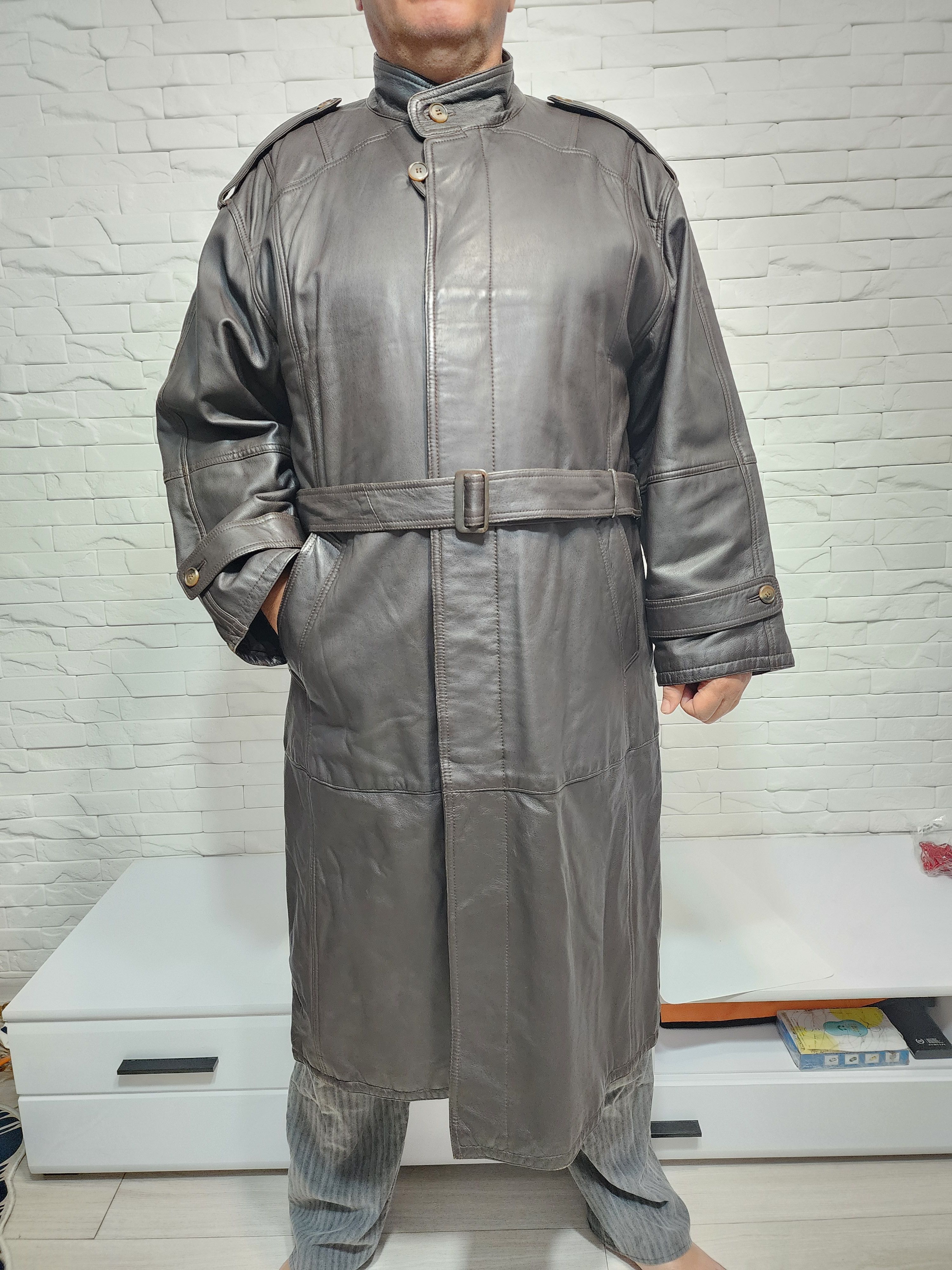 Brown Genuine Leather Men's Coat with Belt