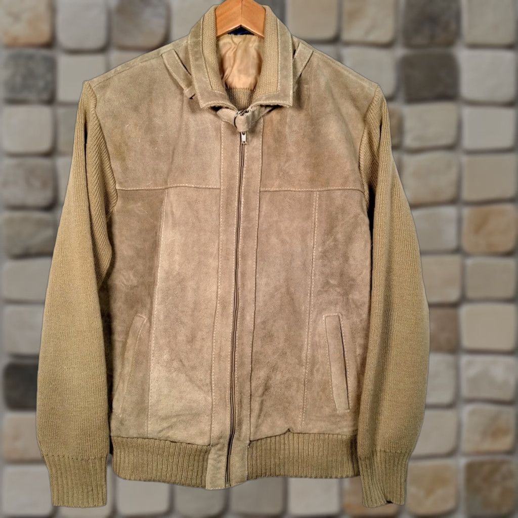 VINTAGE Carrington Sweater Jacket Men L Beige Leather Cowhide Knit Full Zip