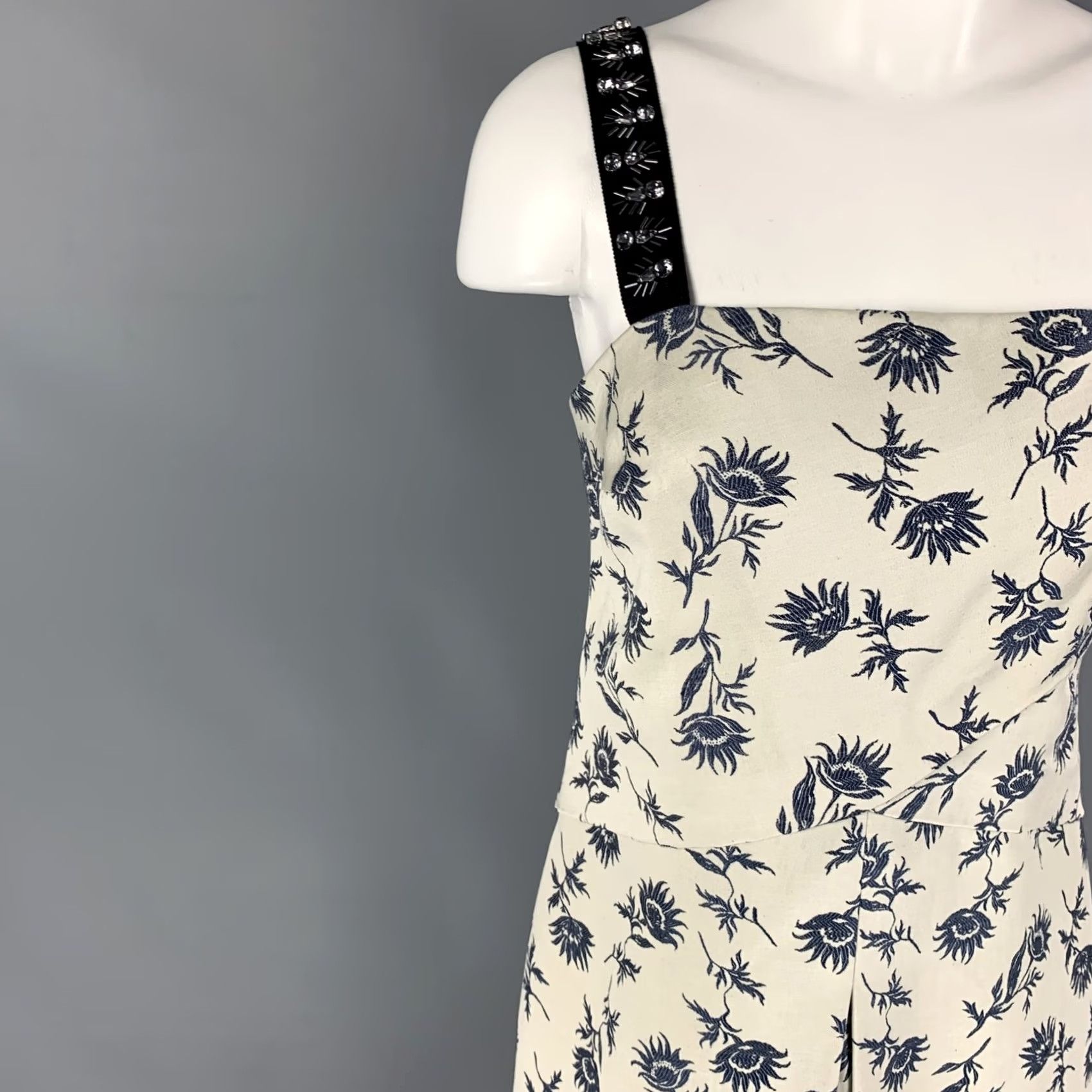 Tory Burch TORY BURCH Dress Grey Blue Floral A-Line Mid-Calf Linen Polyester Jacquard 8 Women Size M / US 6-8 / IT 42-44 - 2 Thumbnail