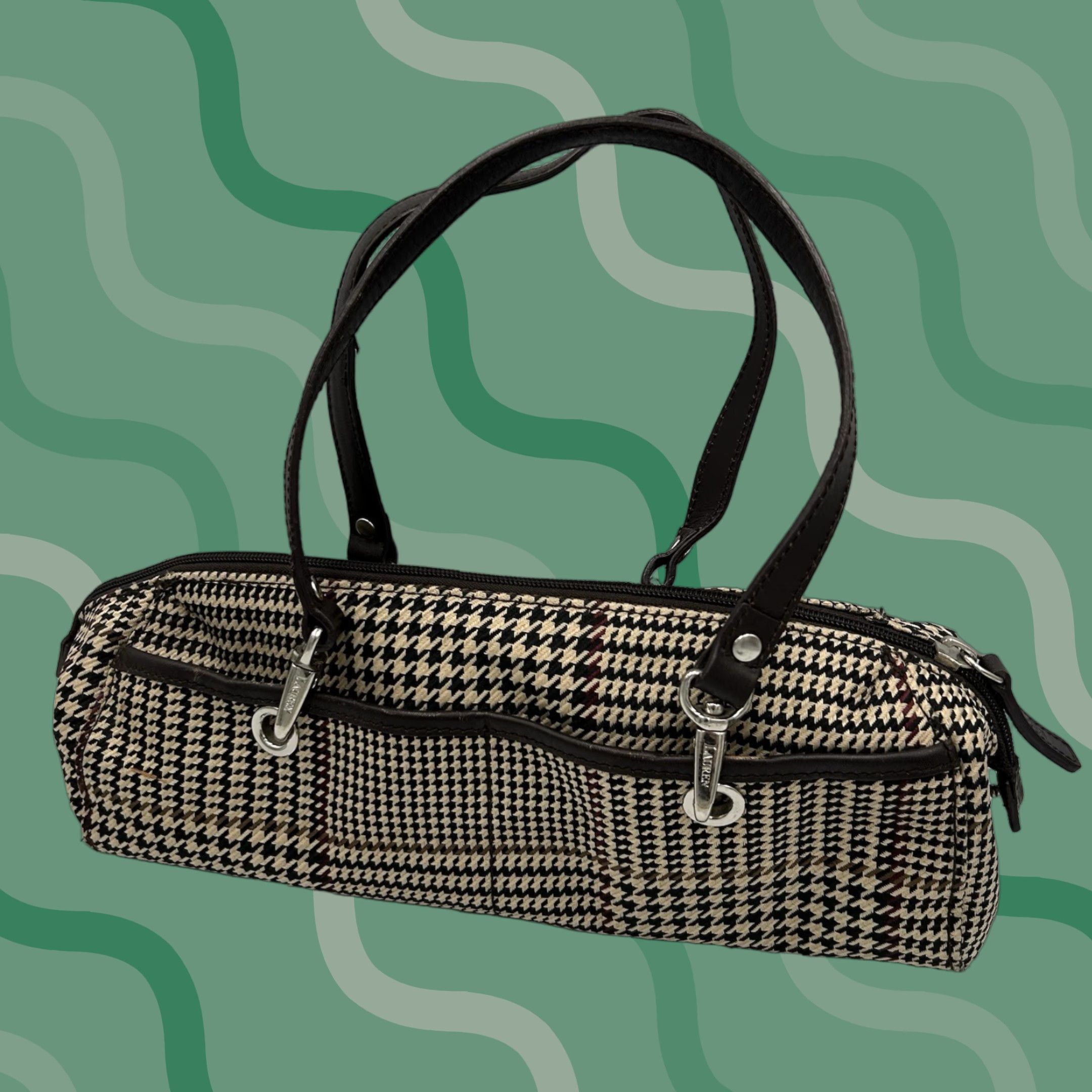 Ralph Lauren VINTAGE Lauren Ralph Lauren Womens Brown Multi Houndstooth Fabric Zip Shoulder Bag Size ONE SIZE - 1 Thumbnail
