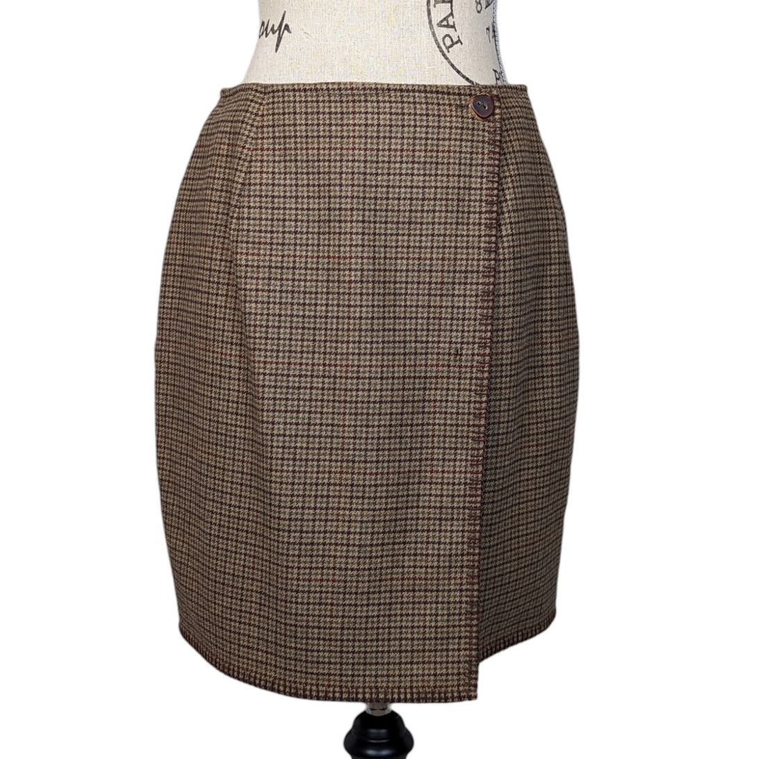 image of Vintage Ralph Laurent Country Tweed Plaid Wool Skirt Brown, Women's (Size 32)