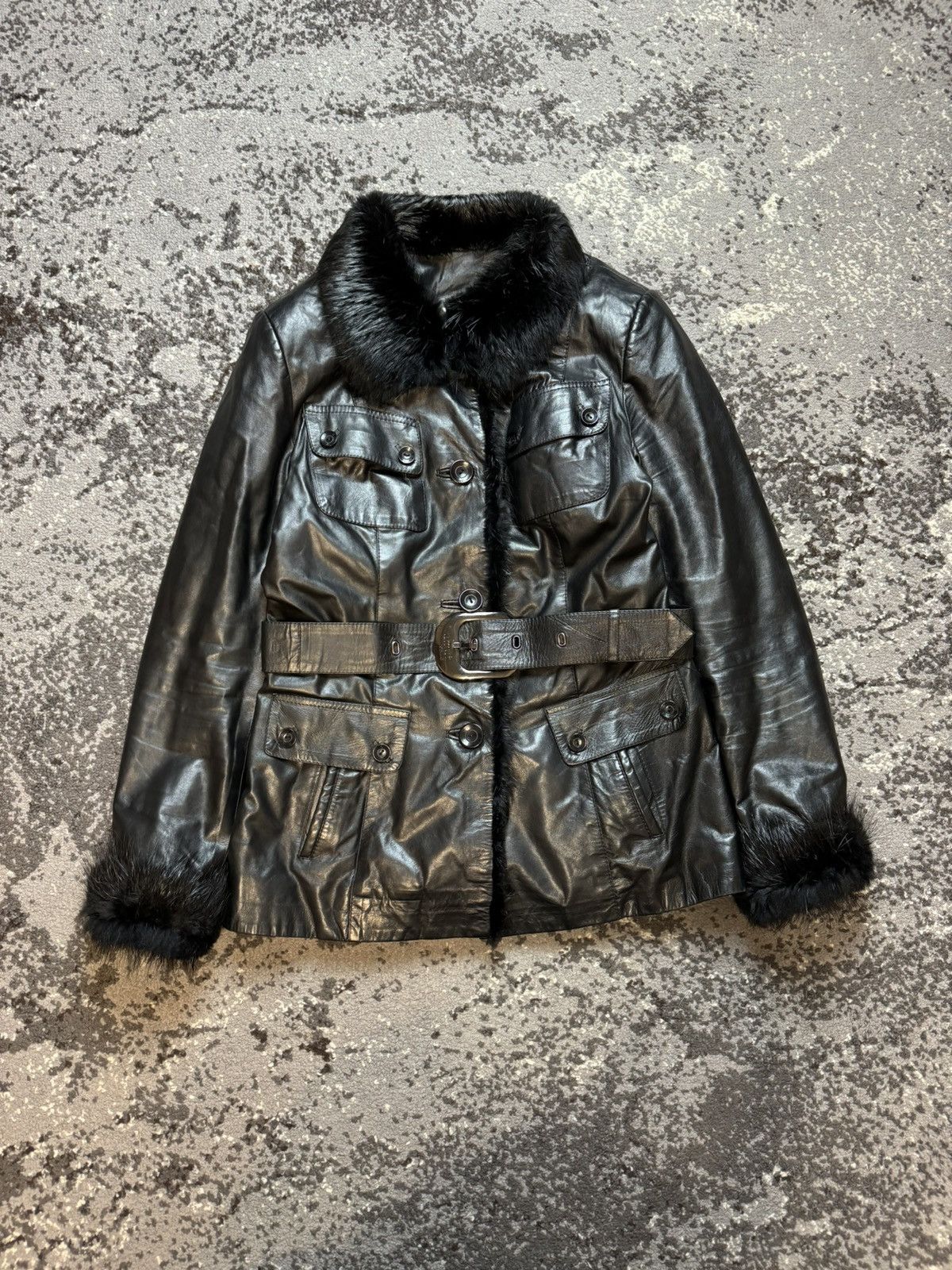 Y2K opium leather fur zip flight jacket