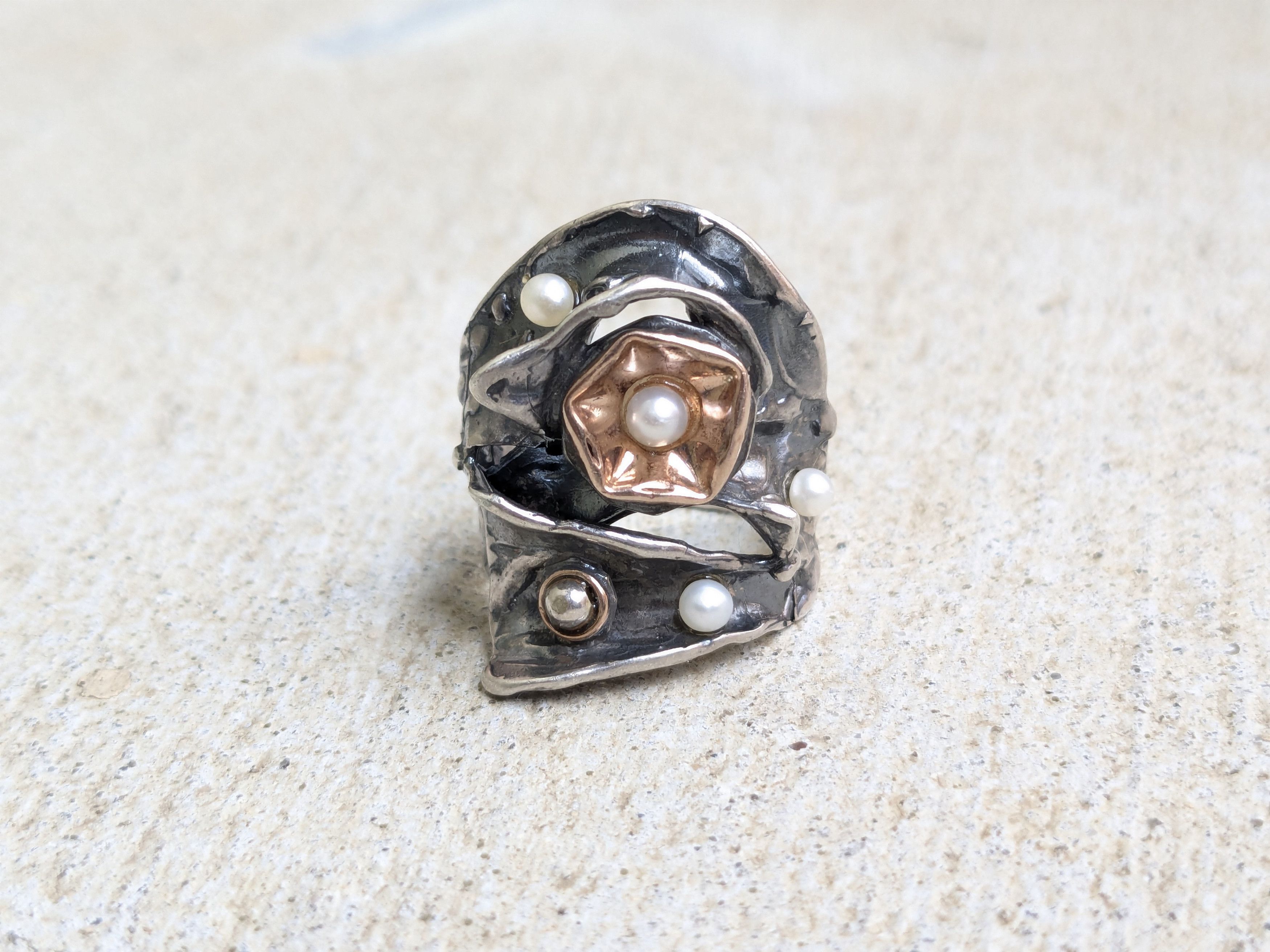 Jewelry Vintage Sterling Silver Ring Pearl 8 Modern Abstract Size ONE SIZE - 3 Thumbnail