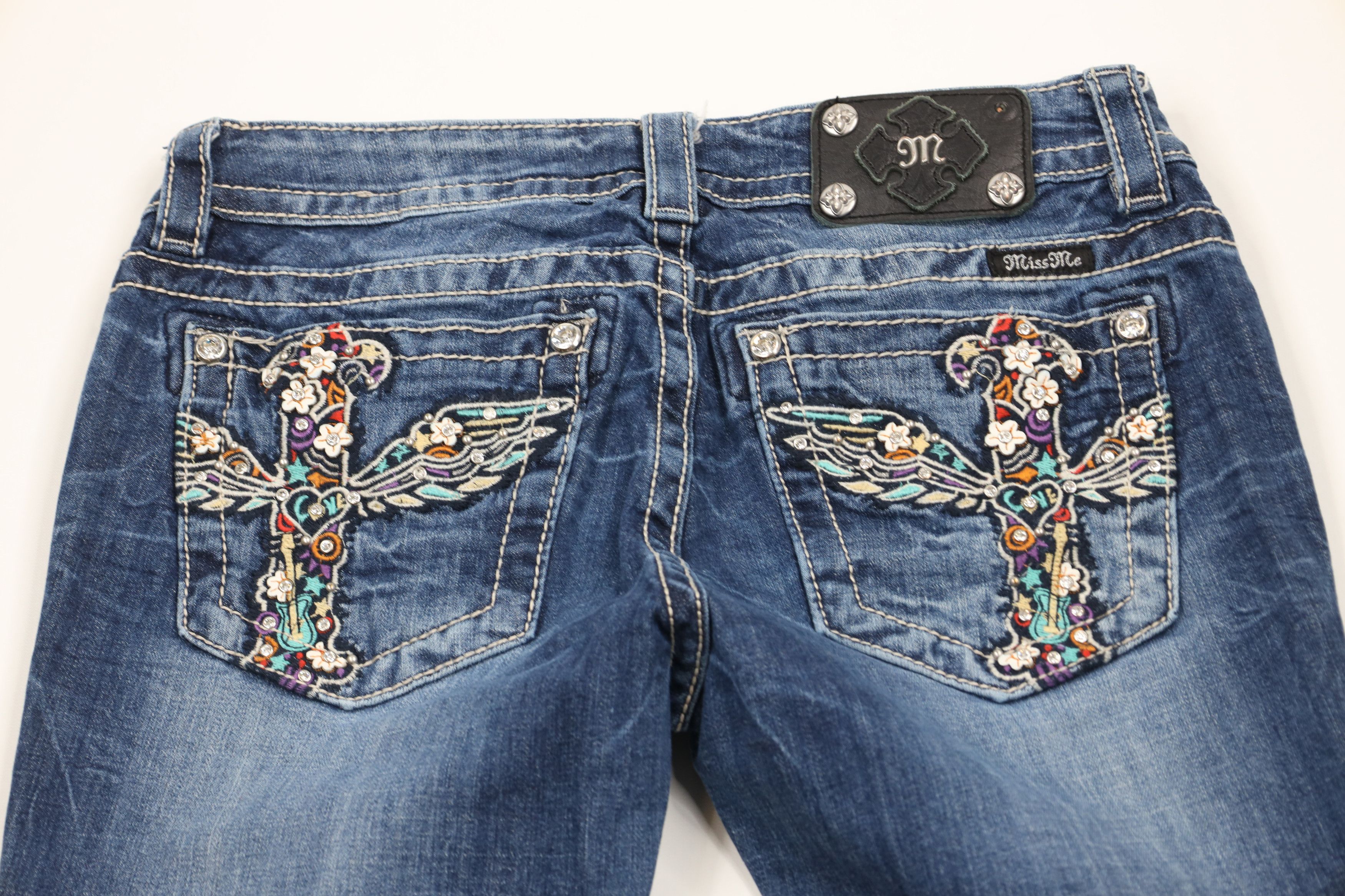 Miss Me × Vintage Miss Me Rainbow Cross Thick Stitch Signature Bootcut Jeans Size 29" - 10 Thumbnail