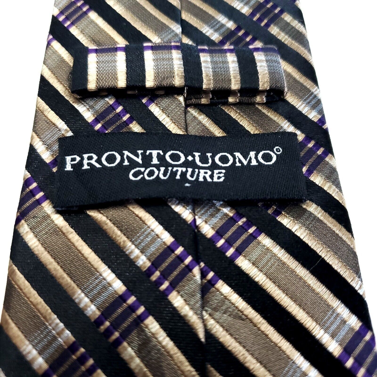 Pronto Uomo Pronto Uomo Couture Woven Tan Black Purple Plaid Silk Tie Size ONE SIZE - 3 Thumbnail
