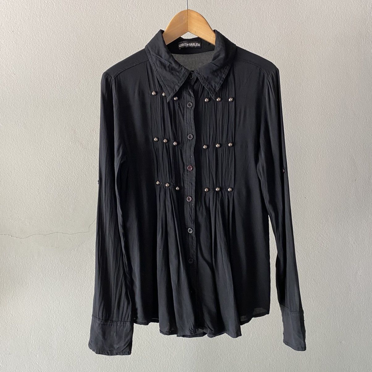 Japanese Brand GHOST OF HARLEM Punk Y2K Black Pleated Pearl Button Shirt Size S / US 4 / IT 40 - 3 Thumbnail