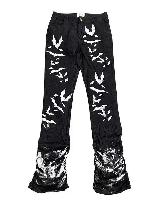 Jean Washed distressed pleated micro-flare bat-print jeans Size US 32 / EU 48 - 1 Thumbnail
