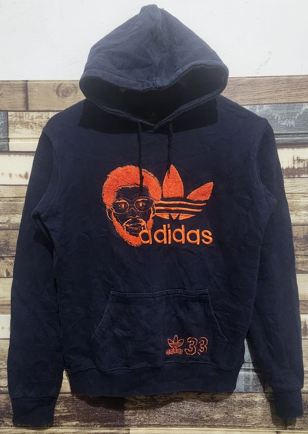 image of Adidas 3 Stripes Trefoil Logo 33 Hoodie Navy, Men's (Size Small)