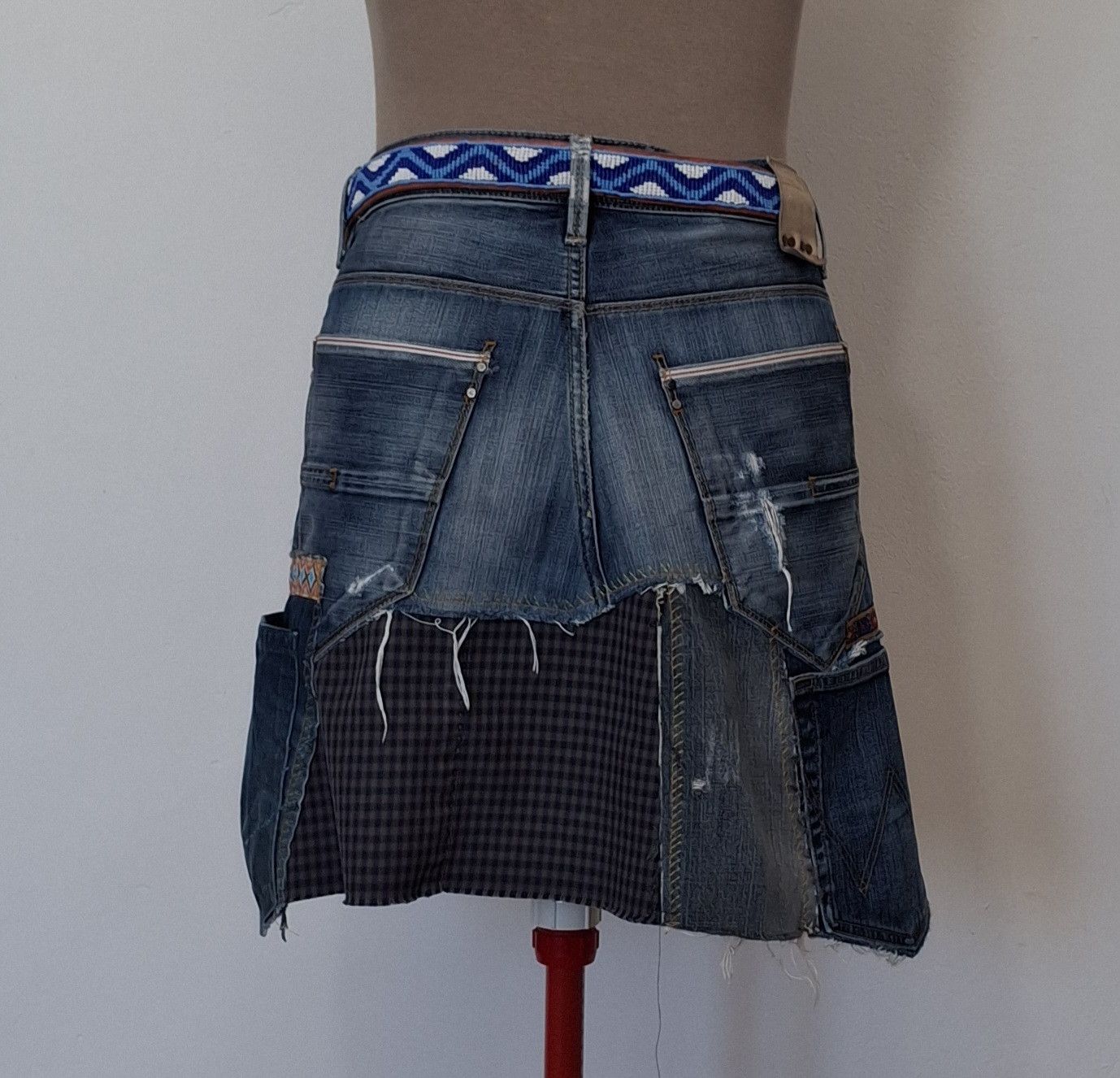 Handmade Custom Deconstructed 2000s Italian Denim Mini Skirt Size 33" - 9 Thumbnail