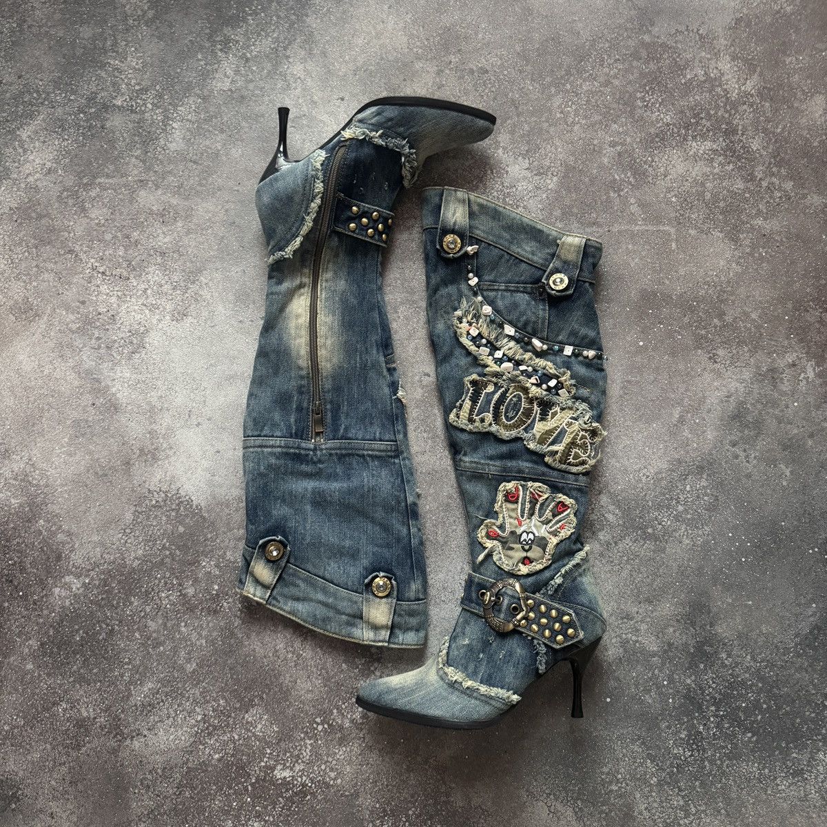 20471120 Vintage Distressed Patchwork Y2K Knee-High Jeans Boots Size US 7 / IT 37 - 2 Thumbnail