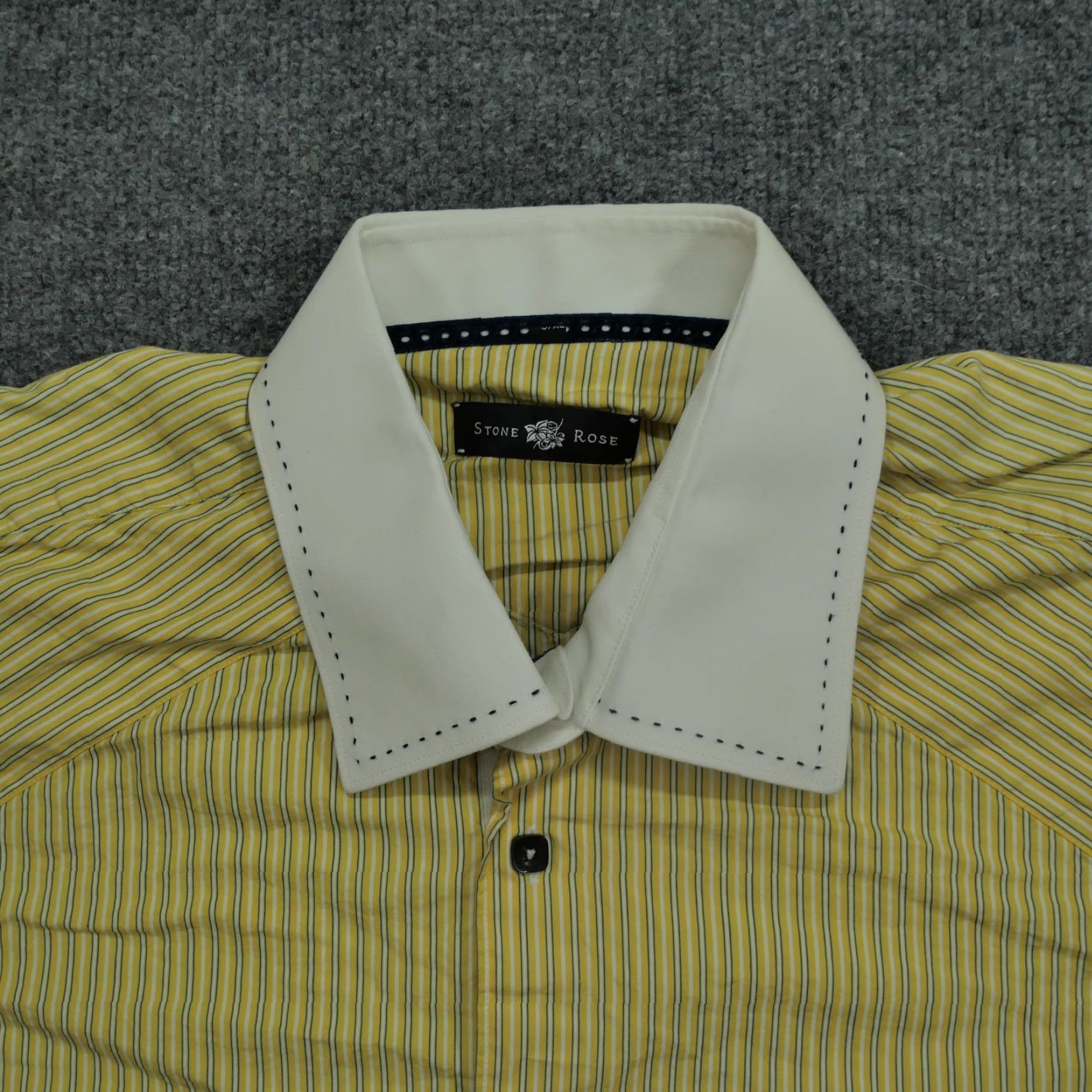 Vintage Stone Rose Shirt Mens XL Yellow Striped Contrast Collar Dress Button Up Size 46R - 2 Thumbnail