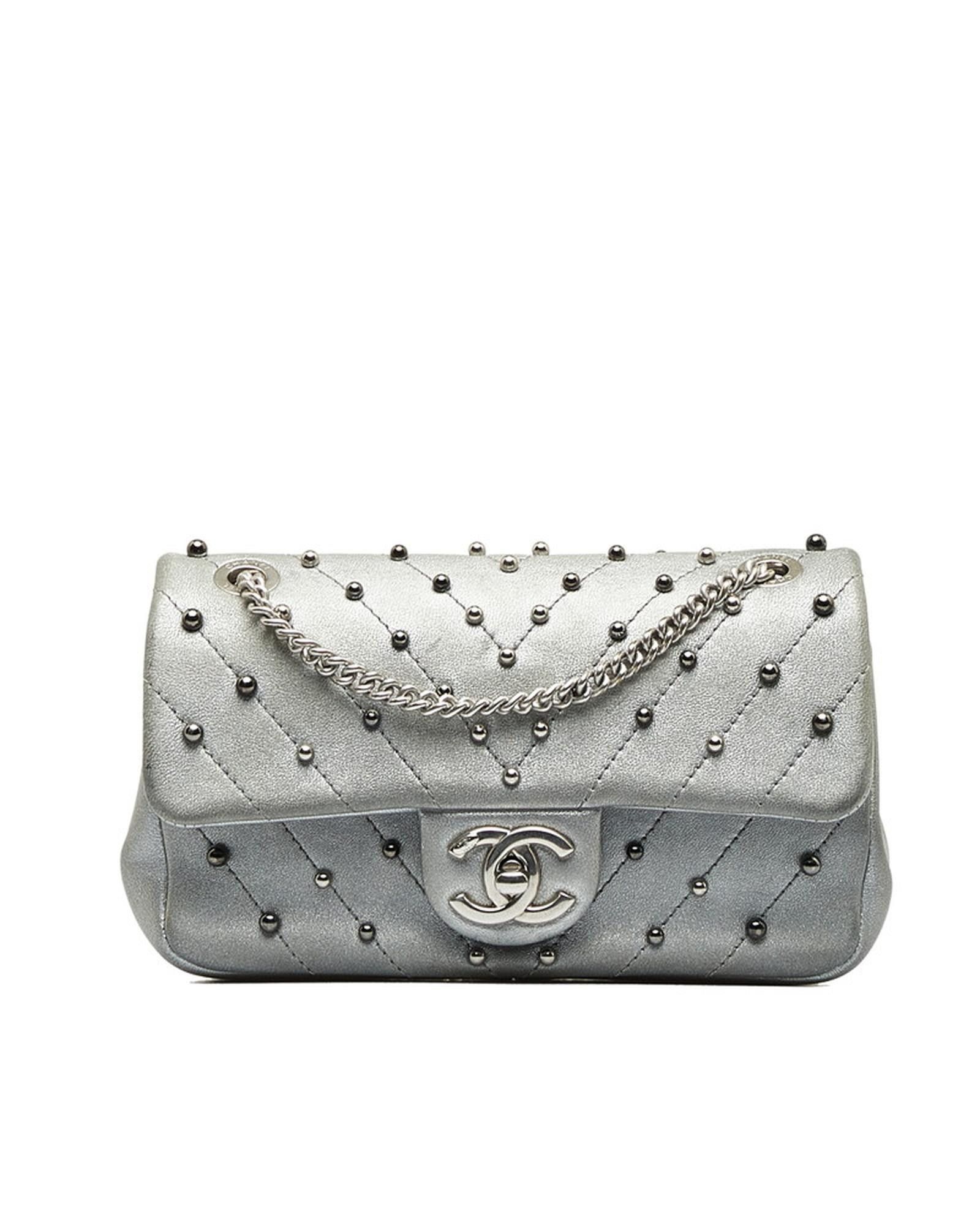 image of Chanel Studded Leather Flap Bag With Chevron Design in Silver, Women's